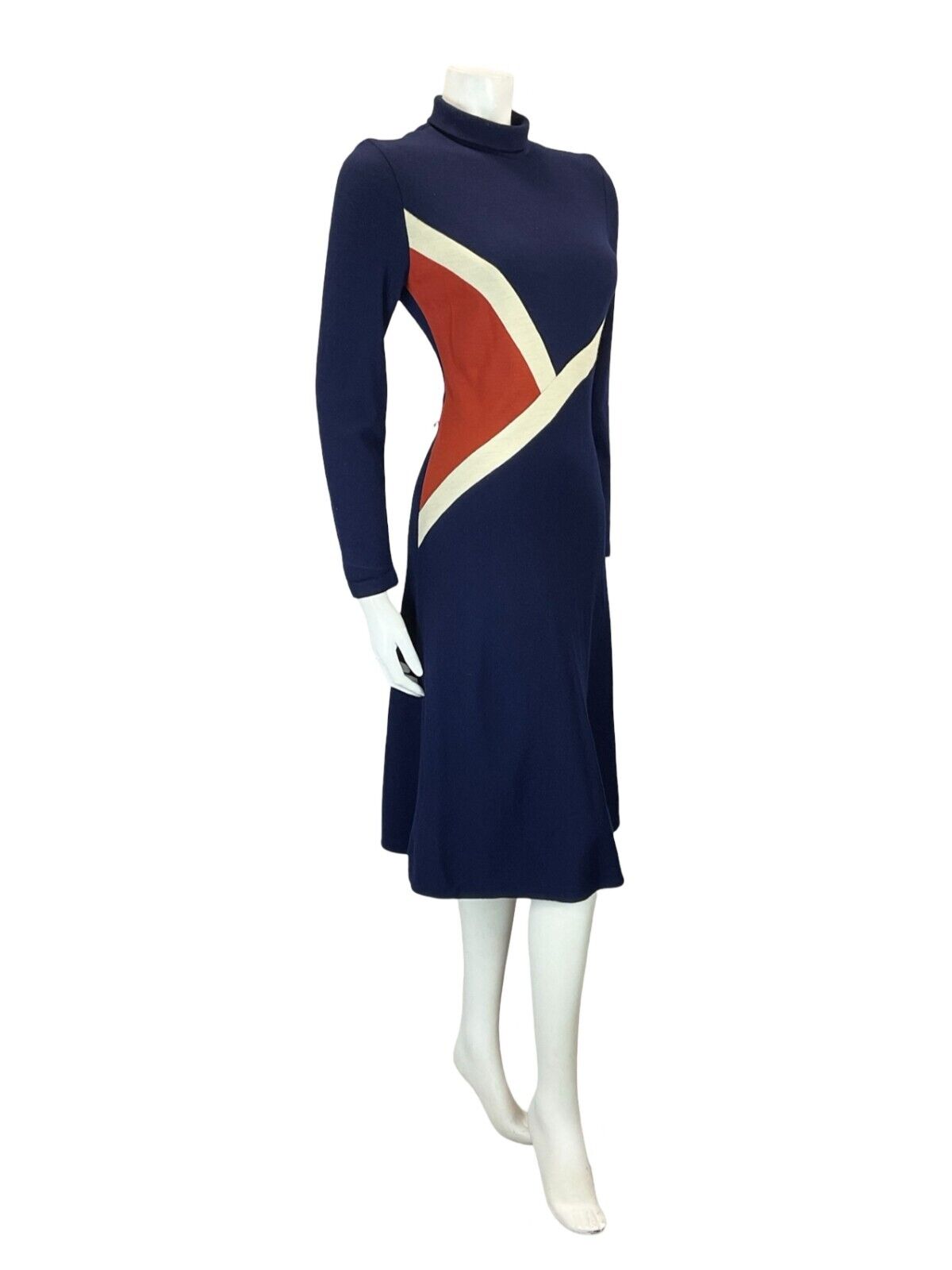 VTG 70S NAVY BLUE ORANGE WHITE GEOMETRIC TIE WASIT TURTLENECK MIDI DRESS 6