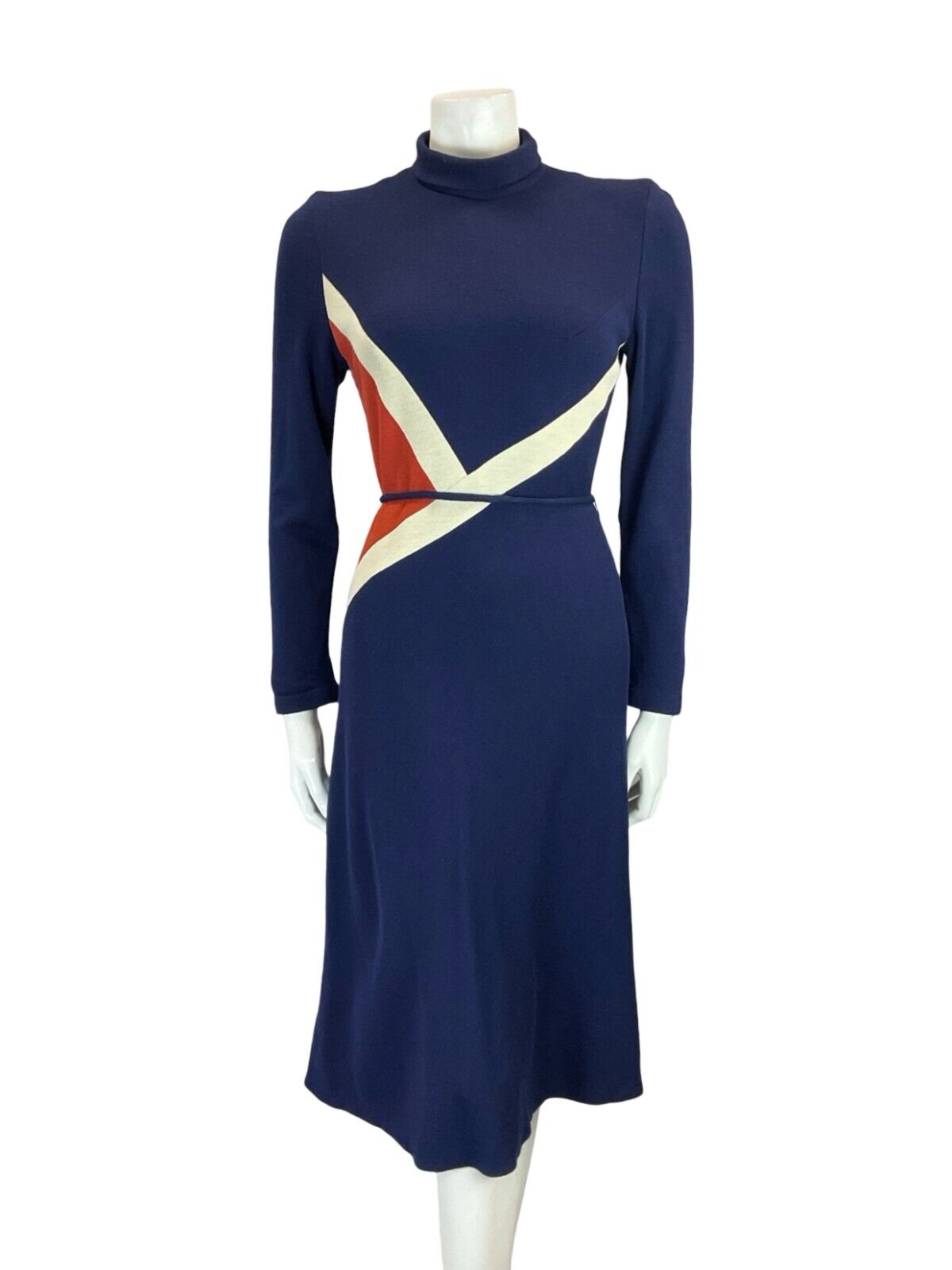 VTG 70S NAVY BLUE ORANGE WHITE GEOMETRIC TIE WASIT TURTLENECK MIDI DRESS 6