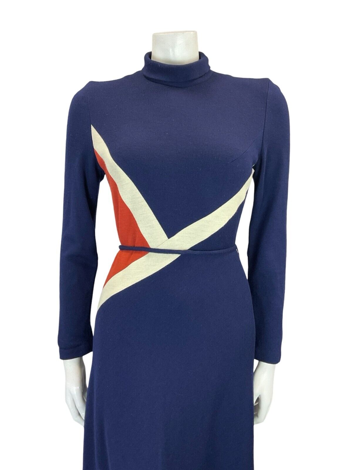 VTG 70S NAVY BLUE ORANGE WHITE GEOMETRIC TIE WASIT TURTLENECK MIDI DRESS 6