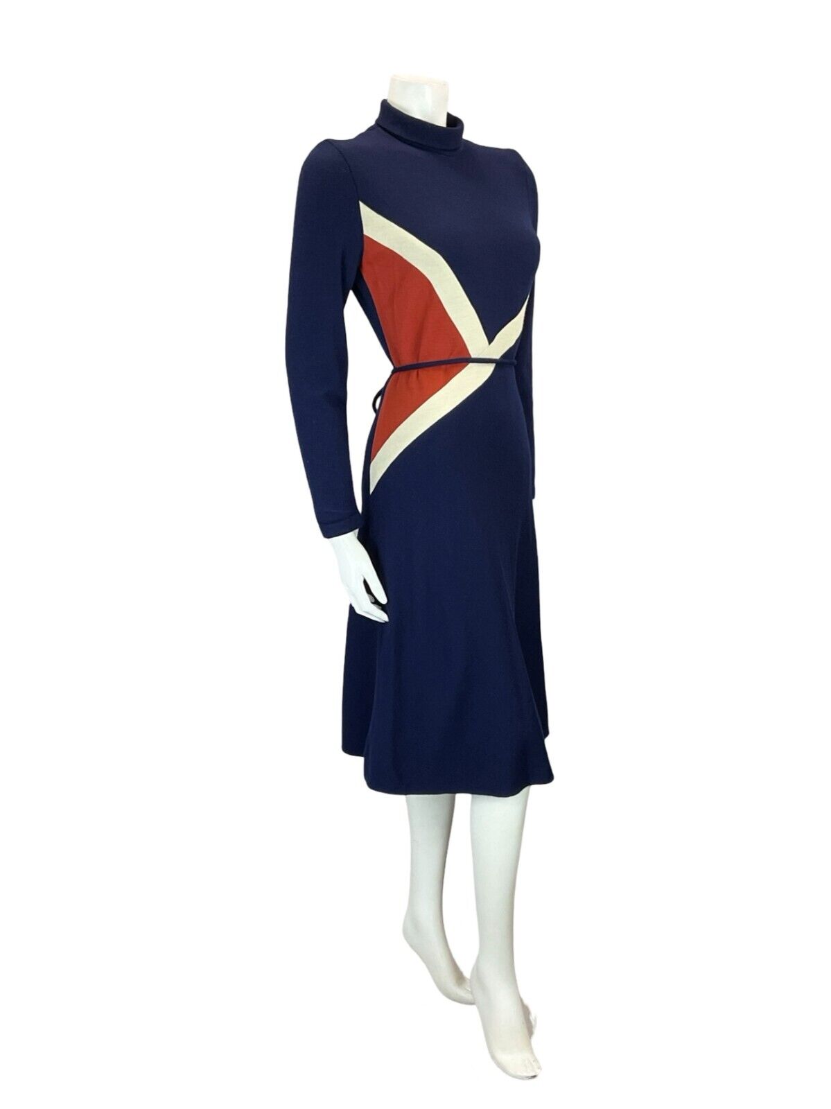 VTG 70S NAVY BLUE ORANGE WHITE GEOMETRIC TIE WASIT TURTLENECK MIDI DRESS 6