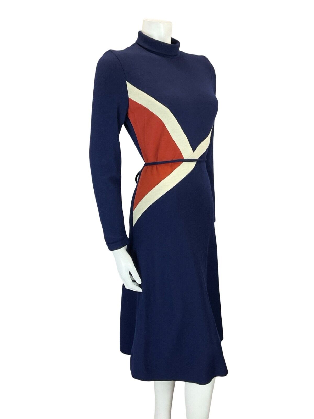 VTG 70S NAVY BLUE ORANGE WHITE GEOMETRIC TIE WASIT TURTLENECK MIDI DRESS 6