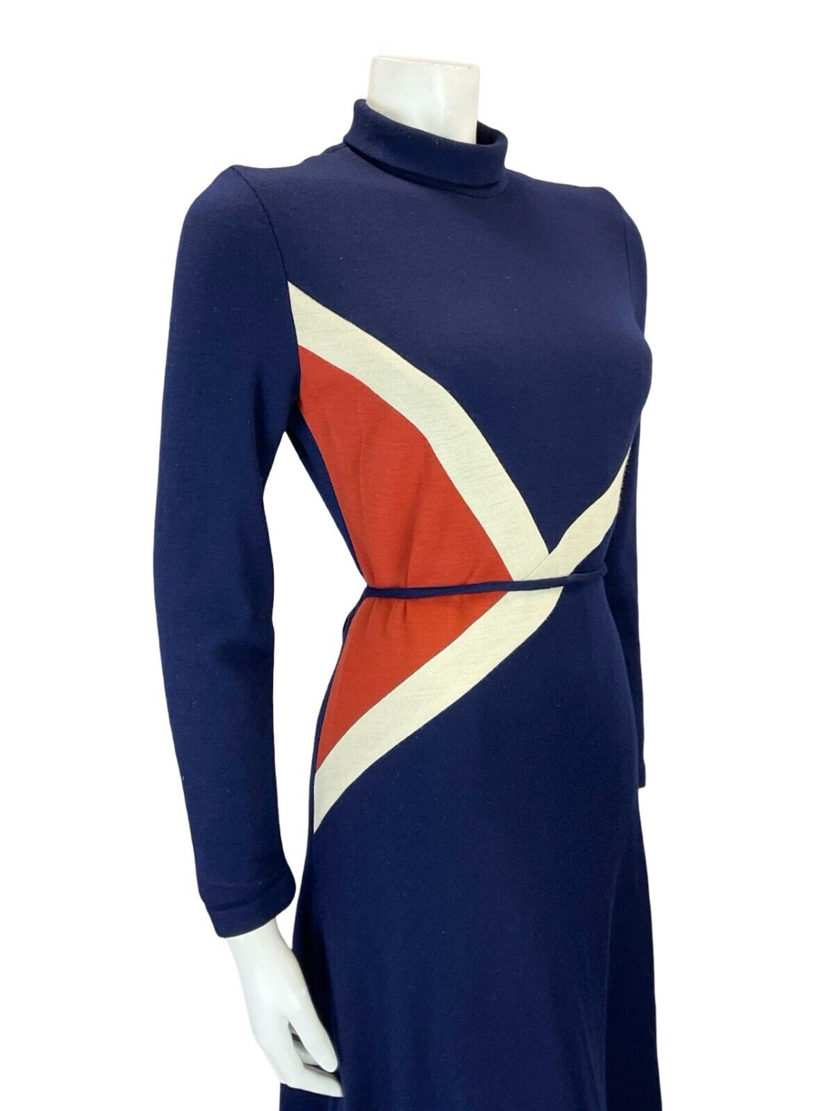VTG 70S NAVY BLUE ORANGE WHITE GEOMETRIC TIE WASIT TURTLENECK MIDI DRESS 6