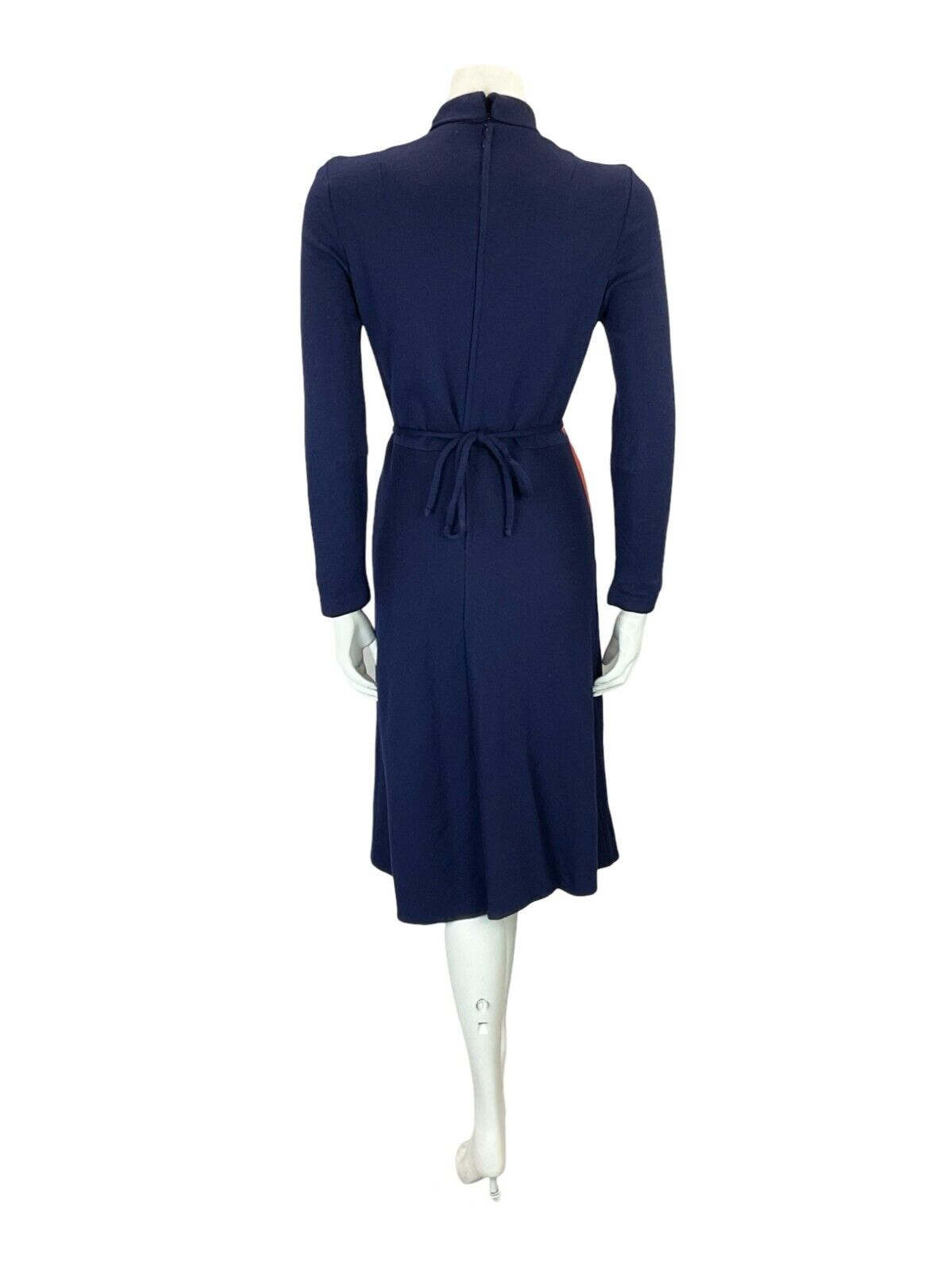 VTG 70S NAVY BLUE ORANGE WHITE GEOMETRIC TIE WASIT TURTLENECK MIDI DRESS 6