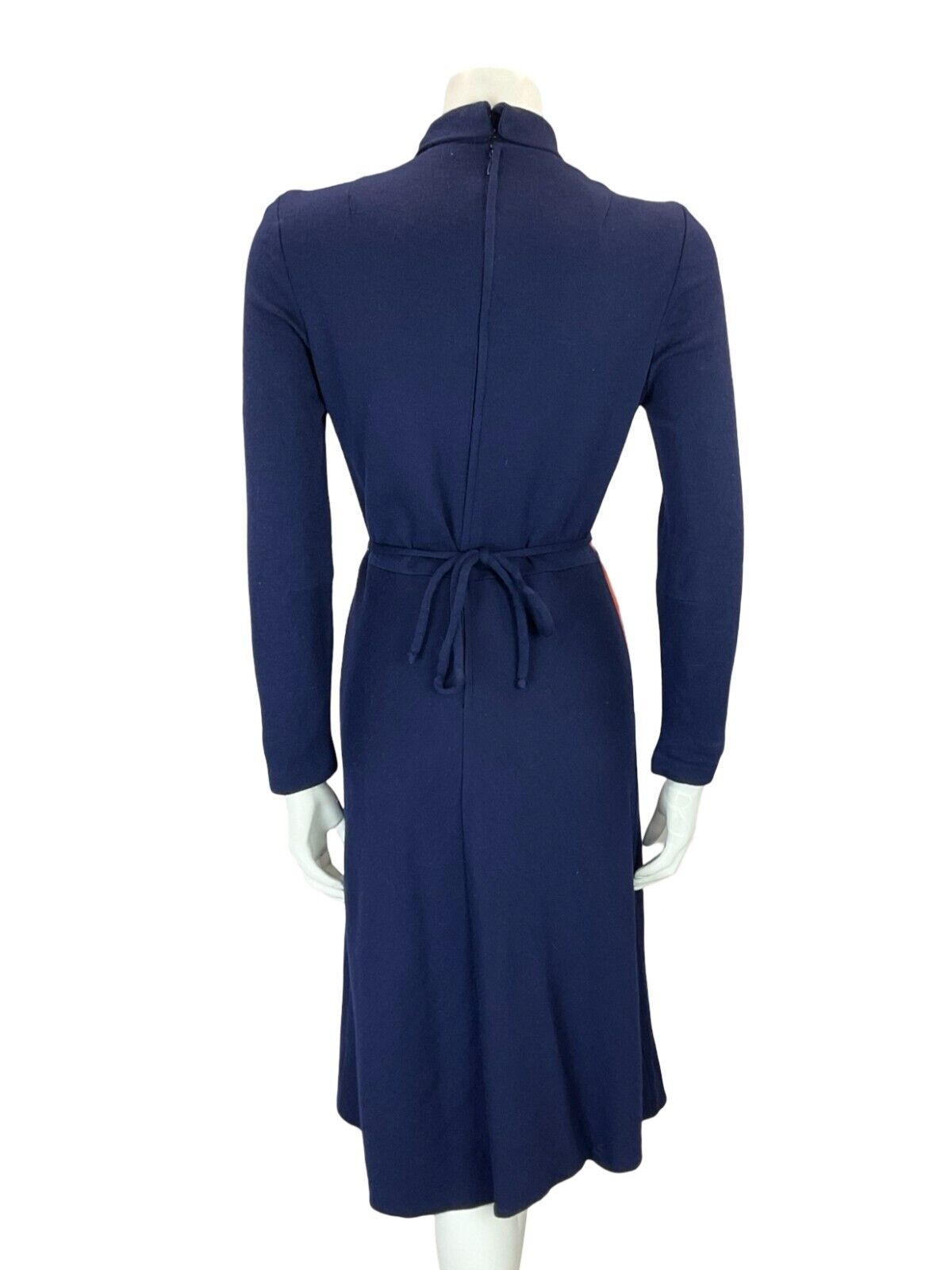 VTG 70S NAVY BLUE ORANGE WHITE GEOMETRIC TIE WASIT TURTLENECK MIDI DRESS 6