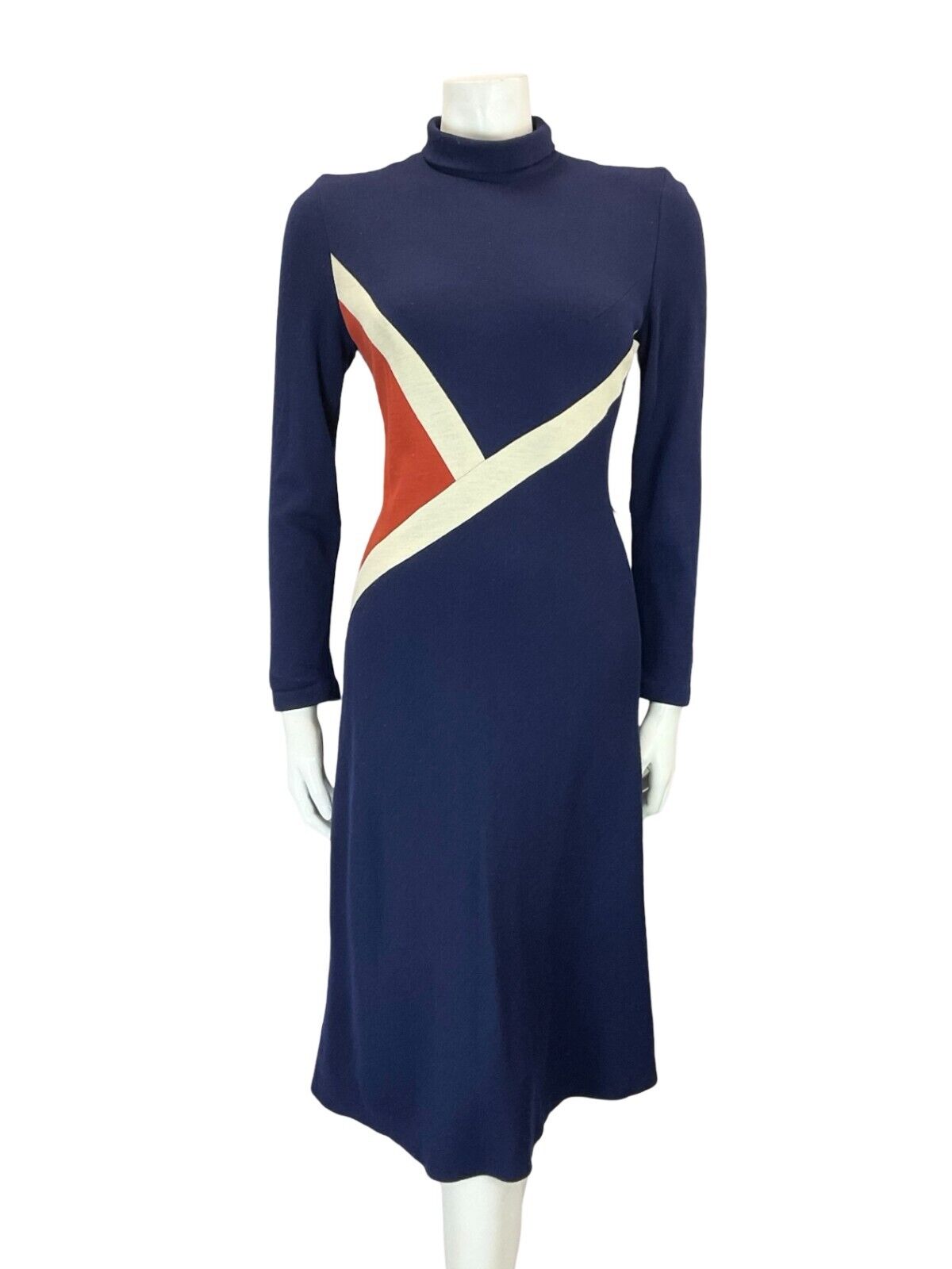 VTG 70S NAVY BLUE ORANGE WHITE GEOMETRIC TIE WASIT TURTLENECK MIDI DRESS 6