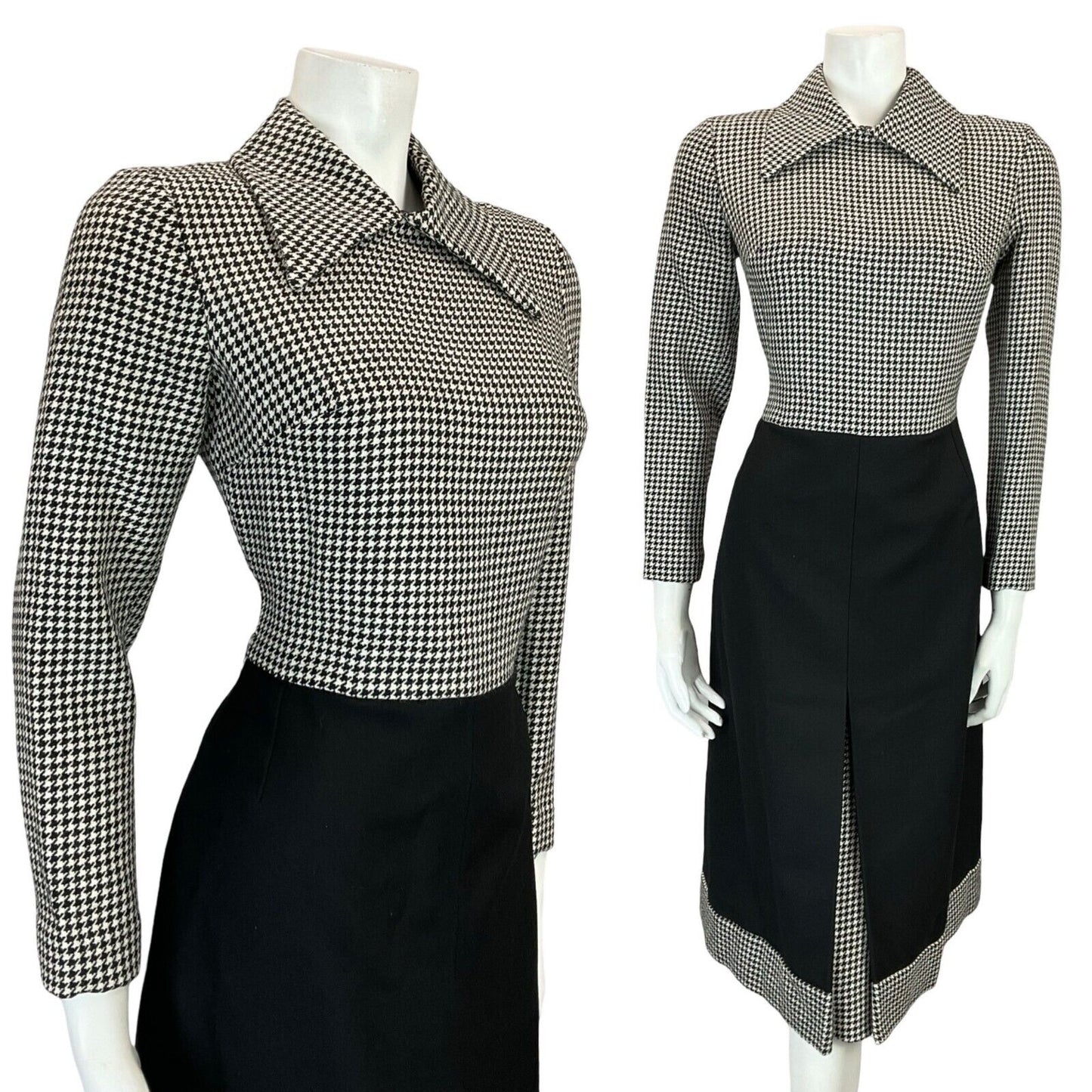 VTG 60S 70S BLACK WHITE HOUNDSTOOTH DAGGER COLLAR WOOL MIDI SHIRT DRESS 10