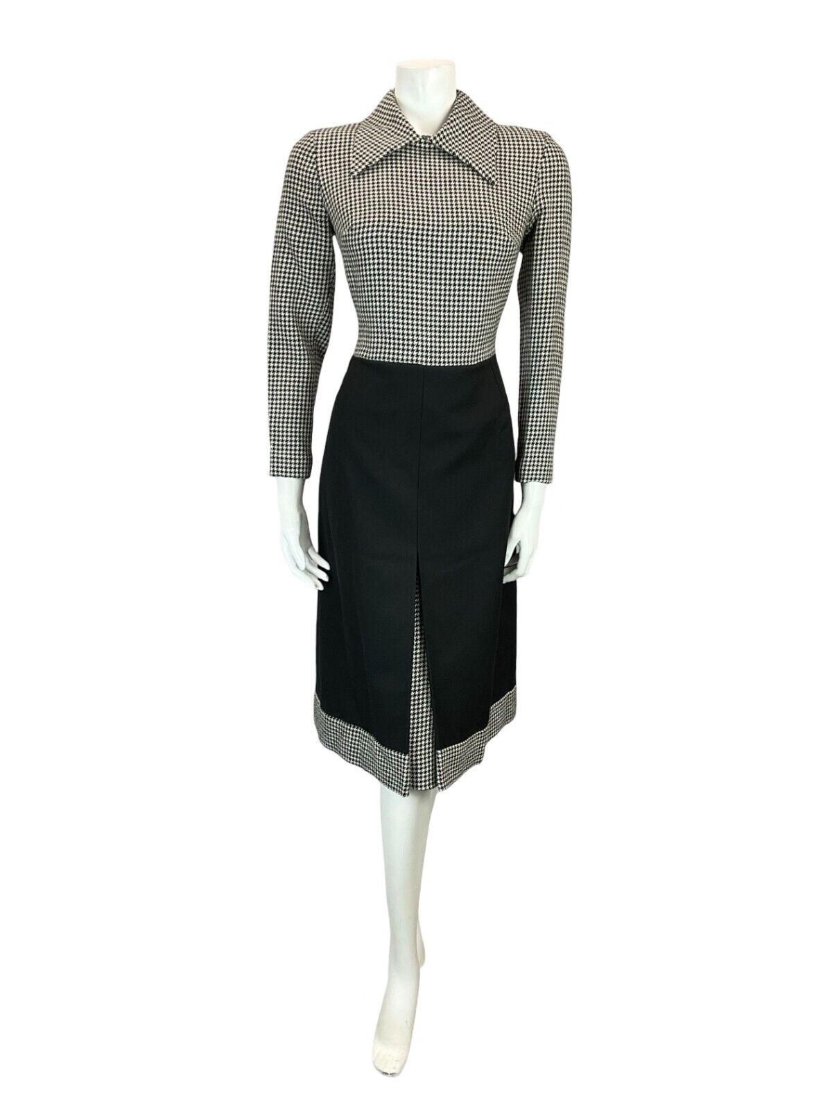VTG 60S 70S BLACK WHITE HOUNDSTOOTH DAGGER COLLAR WOOL MIDI SHIRT DRESS 10