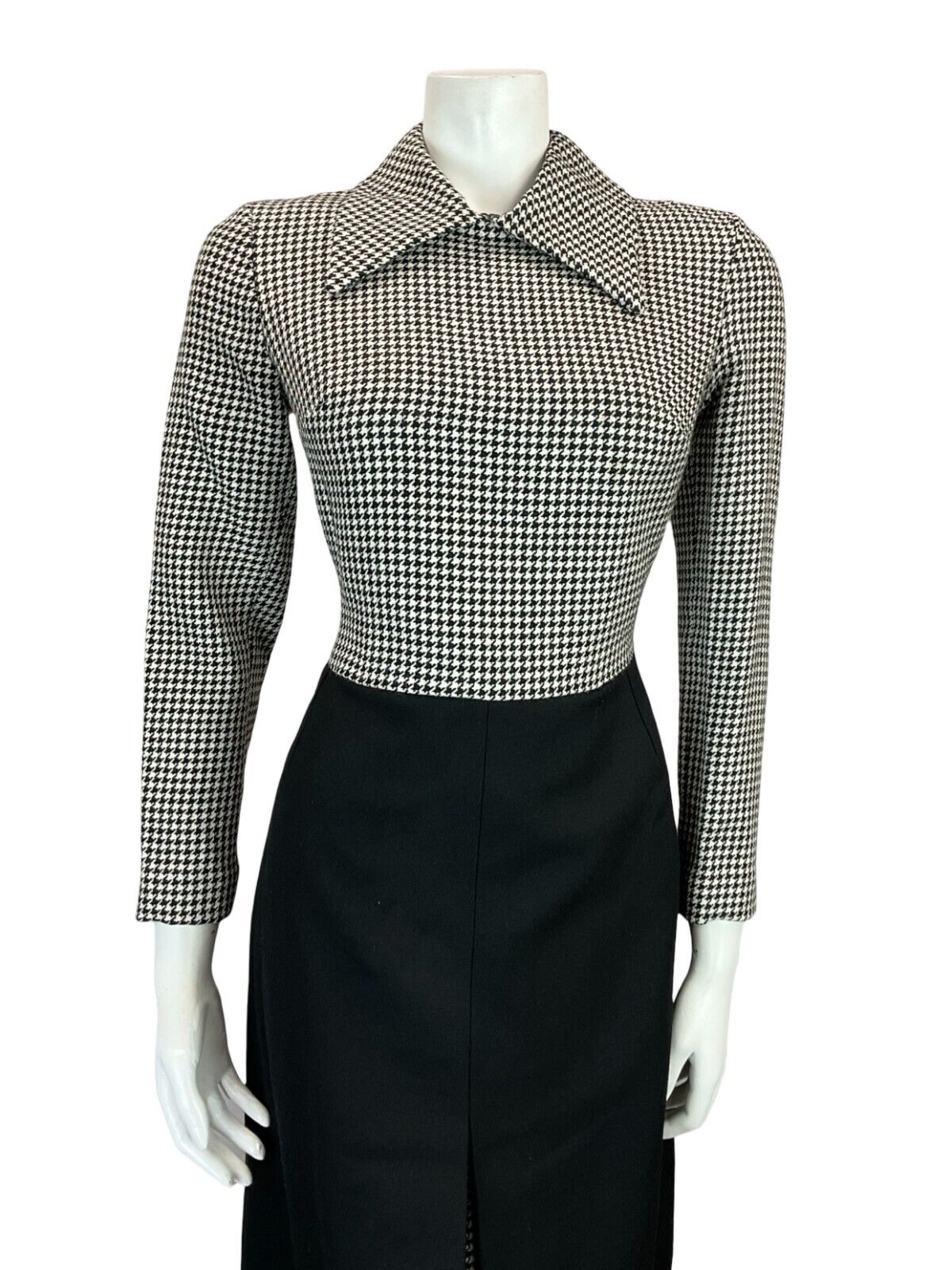 VTG 60S 70S BLACK WHITE HOUNDSTOOTH DAGGER COLLAR WOOL MIDI SHIRT DRESS 10