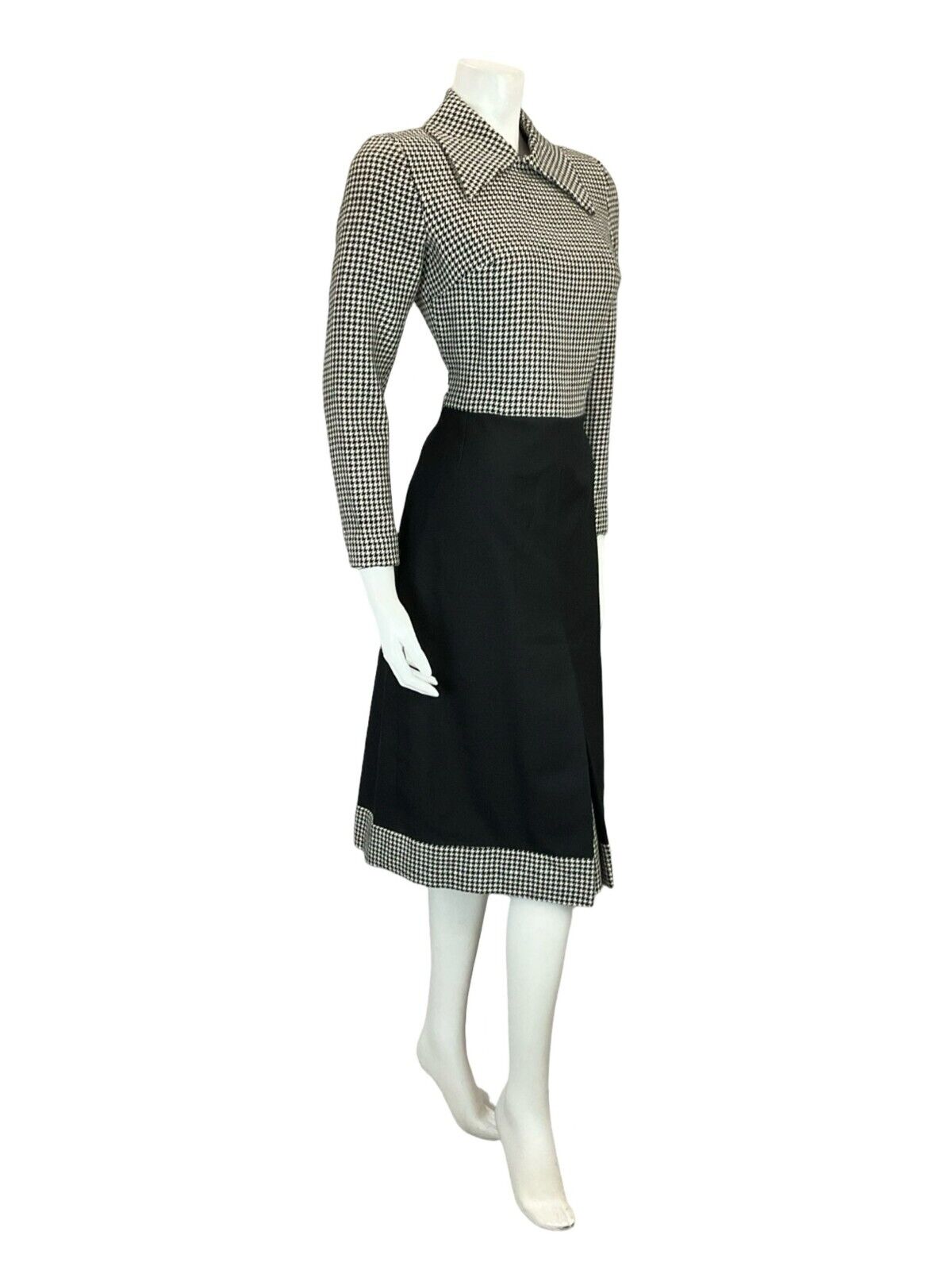 VTG 60S 70S BLACK WHITE HOUNDSTOOTH DAGGER COLLAR WOOL MIDI SHIRT DRESS 10
