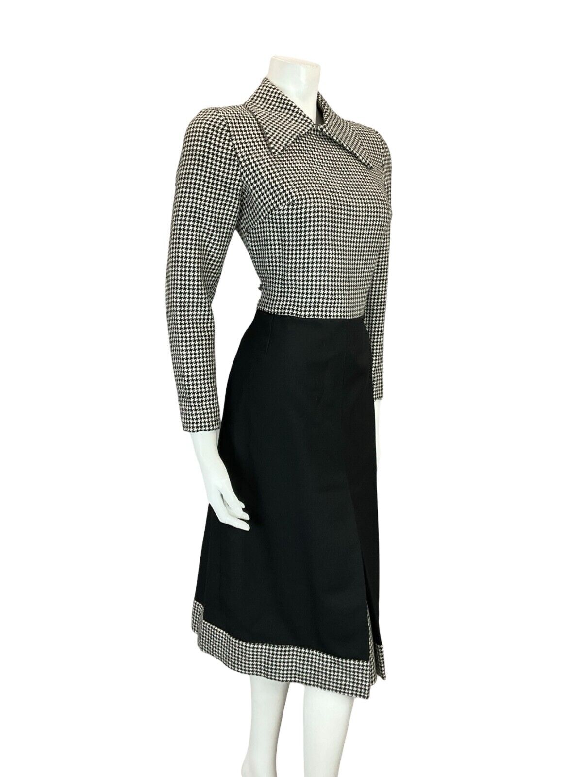 VTG 60S 70S BLACK WHITE HOUNDSTOOTH DAGGER COLLAR WOOL MIDI SHIRT DRESS 10