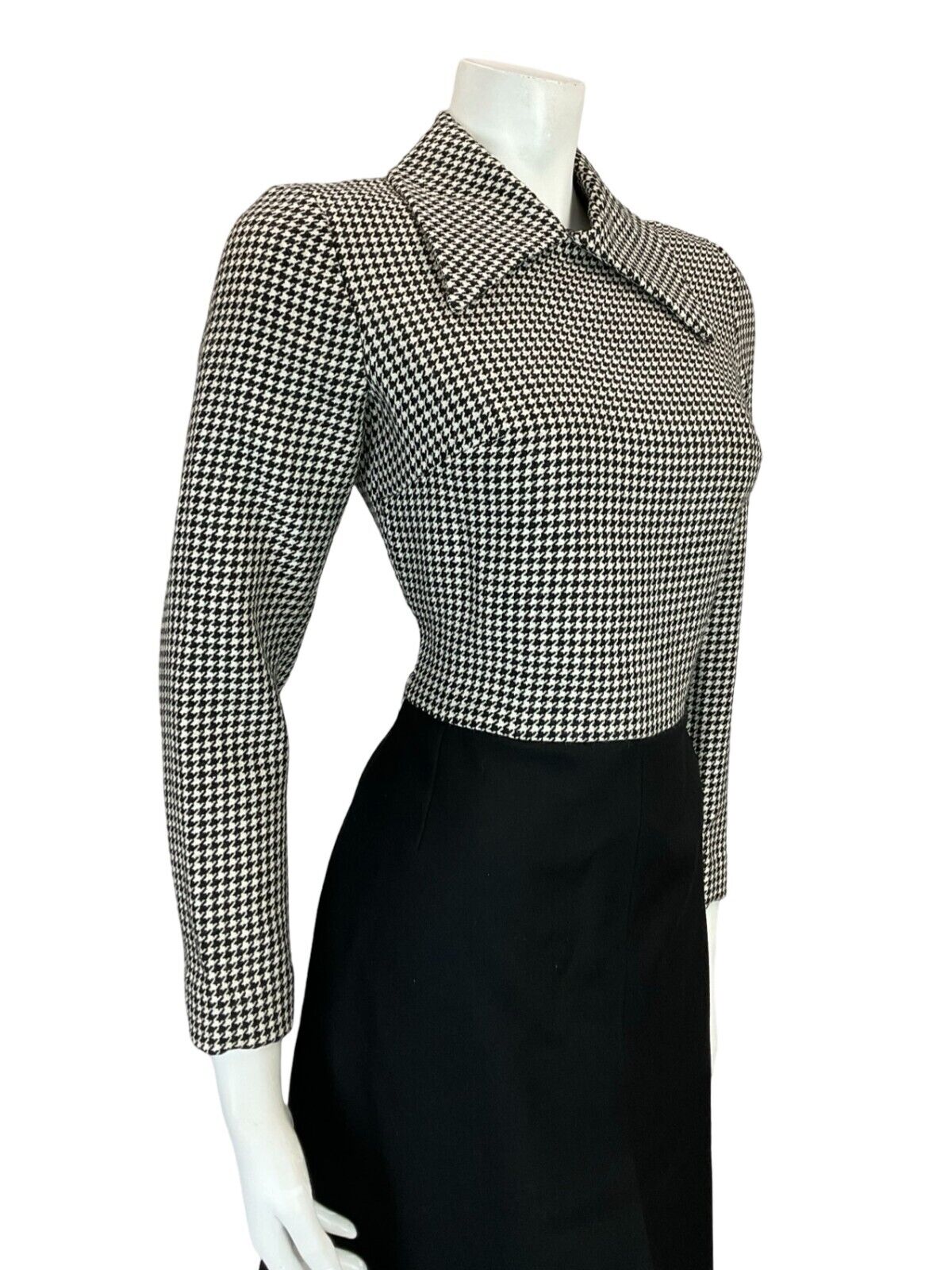 VTG 60S 70S BLACK WHITE HOUNDSTOOTH DAGGER COLLAR WOOL MIDI SHIRT DRESS 10