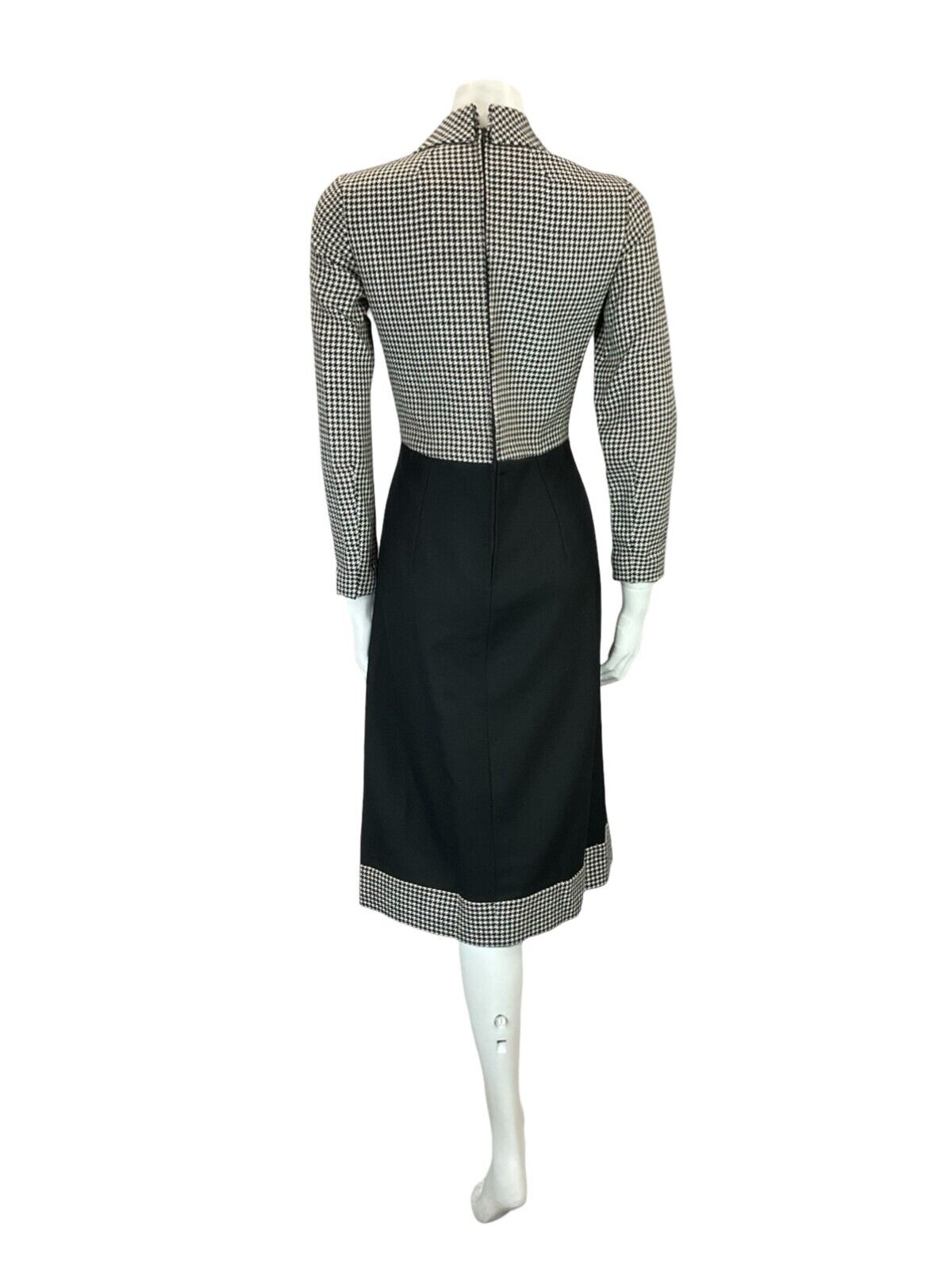 VTG 60S 70S BLACK WHITE HOUNDSTOOTH DAGGER COLLAR WOOL MIDI SHIRT DRESS 10
