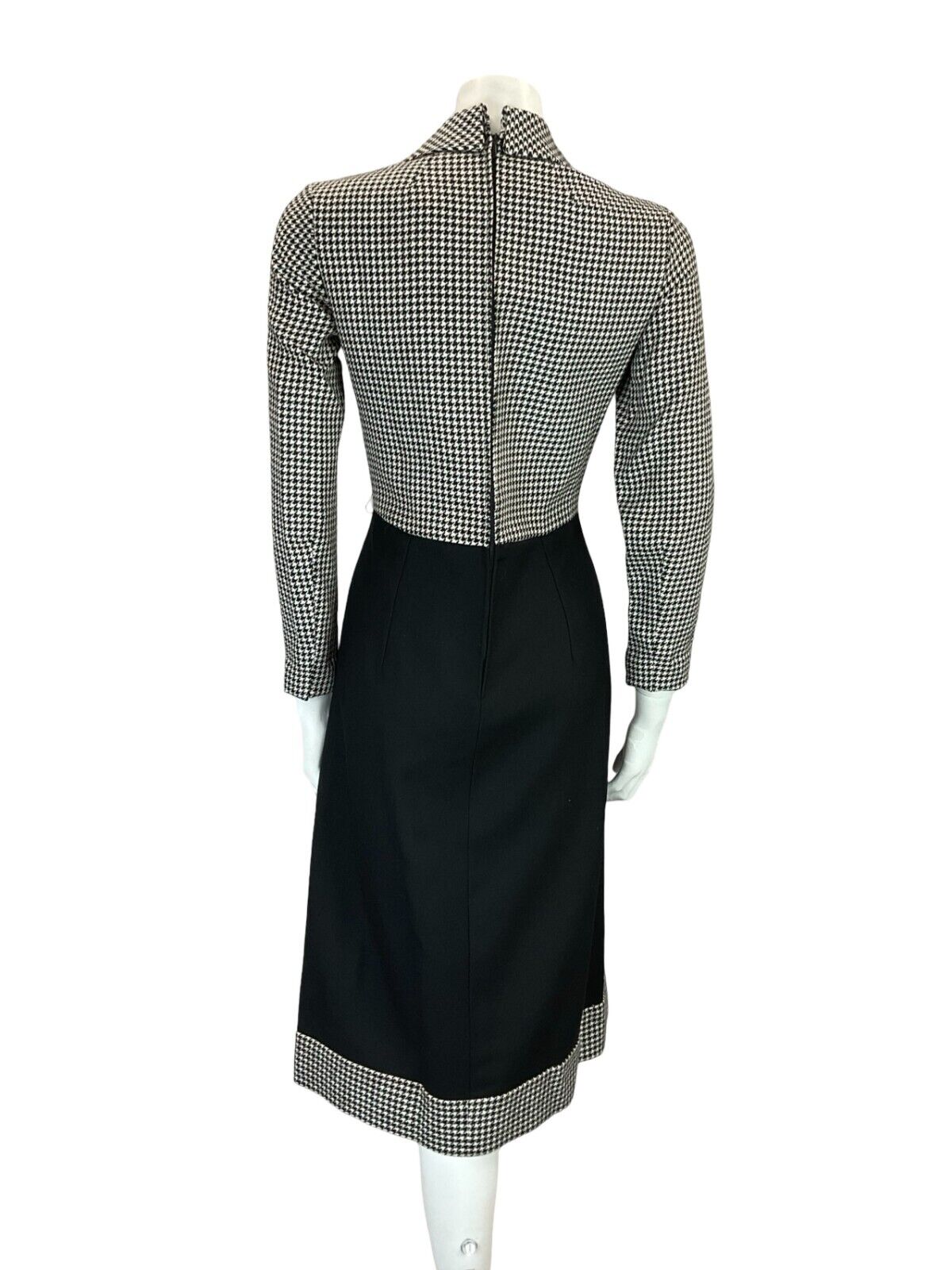VTG 60S 70S BLACK WHITE HOUNDSTOOTH DAGGER COLLAR WOOL MIDI SHIRT DRESS 10