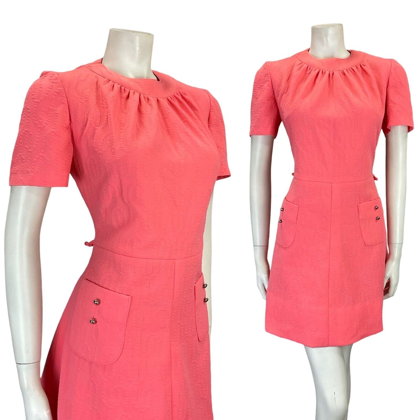 VTG 60S BRIGHT PINK MOD SCOOTER GEOMETRIC EMBOSSED MINI DRESS W/ POCKETS 8 10 S