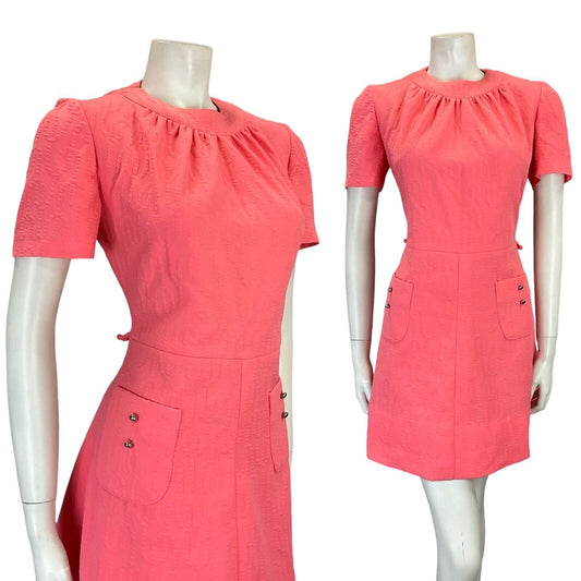 VTG 60S BRIGHT PINK MOD SCOOTER GEOMETRIC EMBOSSED MINI DRESS W/ POCKETS 8 10 S