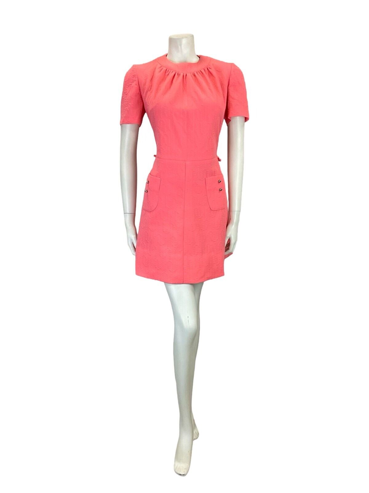 VTG 60S BRIGHT PINK MOD SCOOTER GEOMETRIC EMBOSSED MINI DRESS W/ POCKETS 8 10 S
