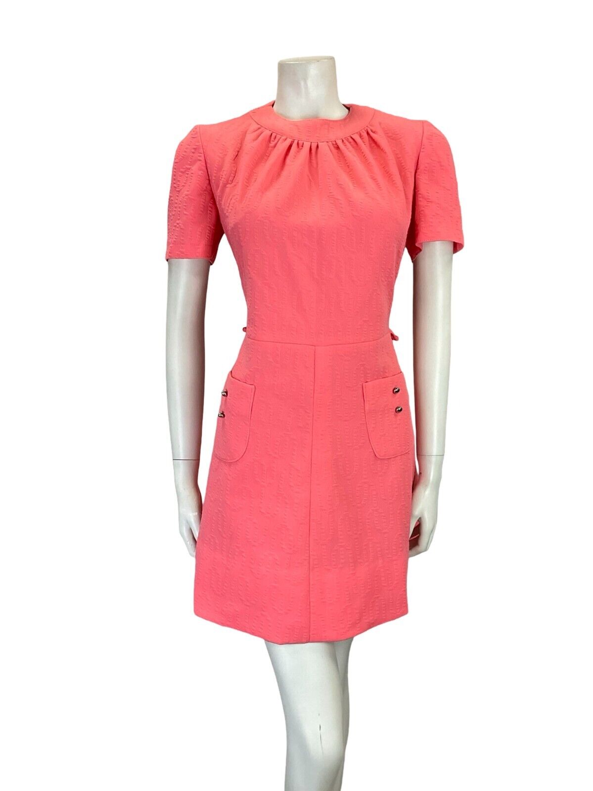 VTG 60S BRIGHT PINK MOD SCOOTER GEOMETRIC EMBOSSED MINI DRESS W/ POCKETS 8 10 S