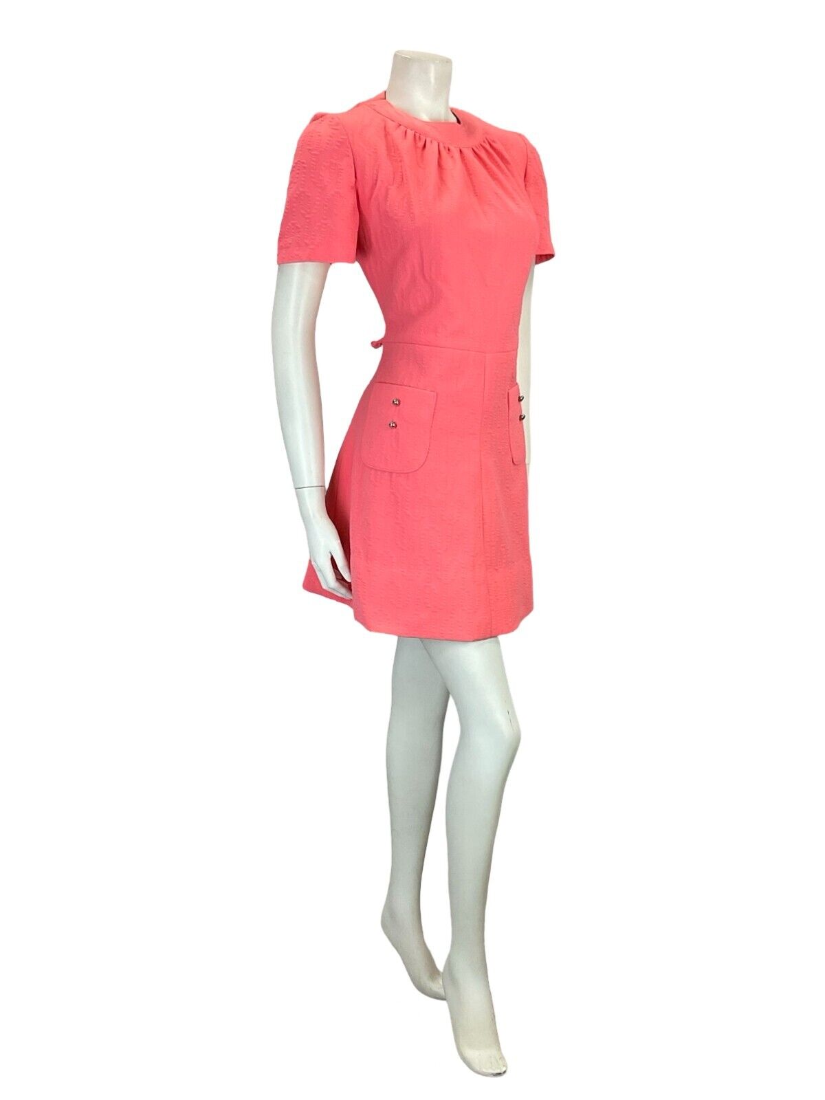 VTG 60S BRIGHT PINK MOD SCOOTER GEOMETRIC EMBOSSED MINI DRESS W/ POCKETS 8 10 S
