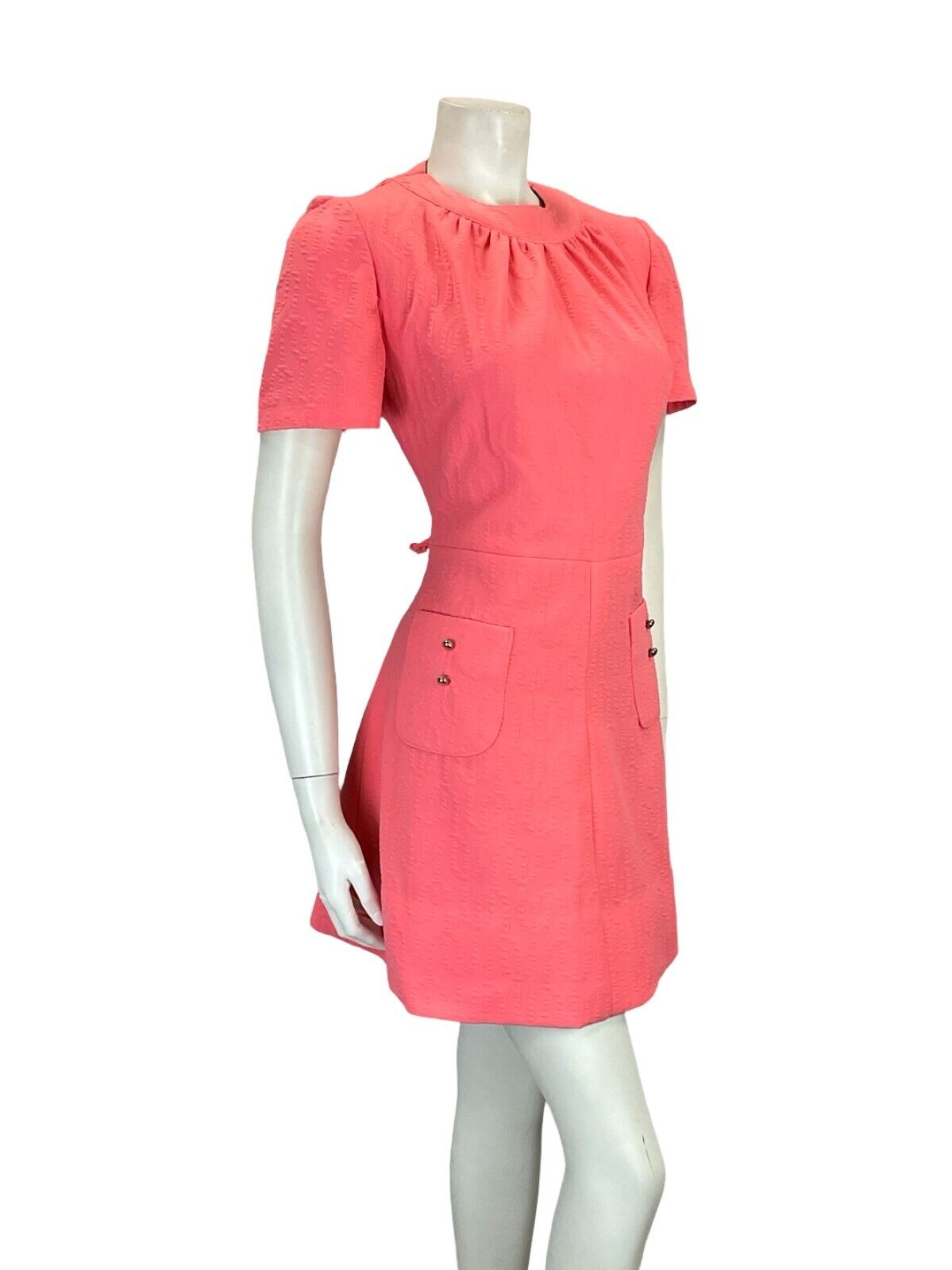 VTG 60S BRIGHT PINK MOD SCOOTER GEOMETRIC EMBOSSED MINI DRESS W/ POCKETS 8 10 S