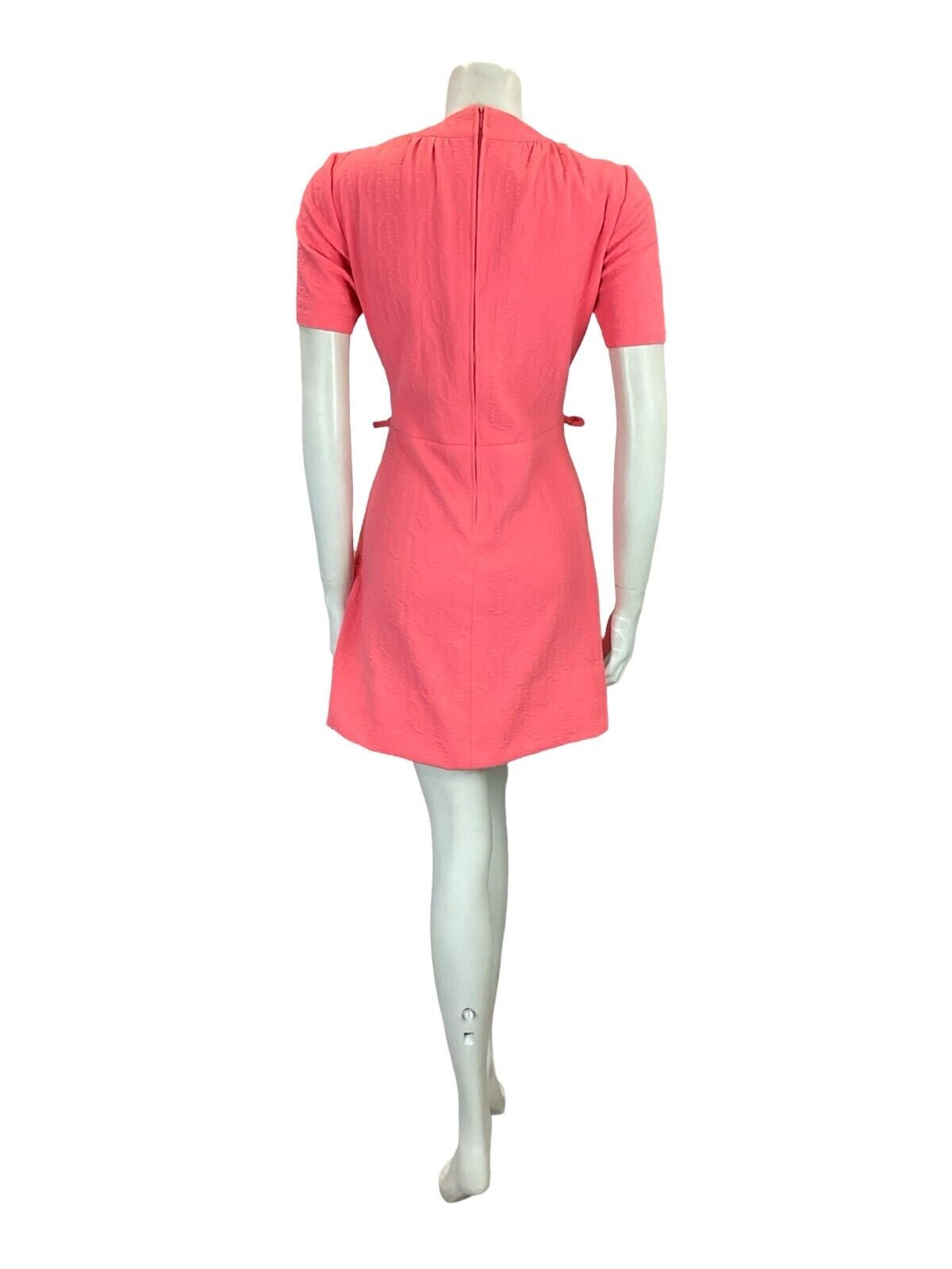 VTG 60S BRIGHT PINK MOD SCOOTER GEOMETRIC EMBOSSED MINI DRESS W/ POCKETS 8 10 S