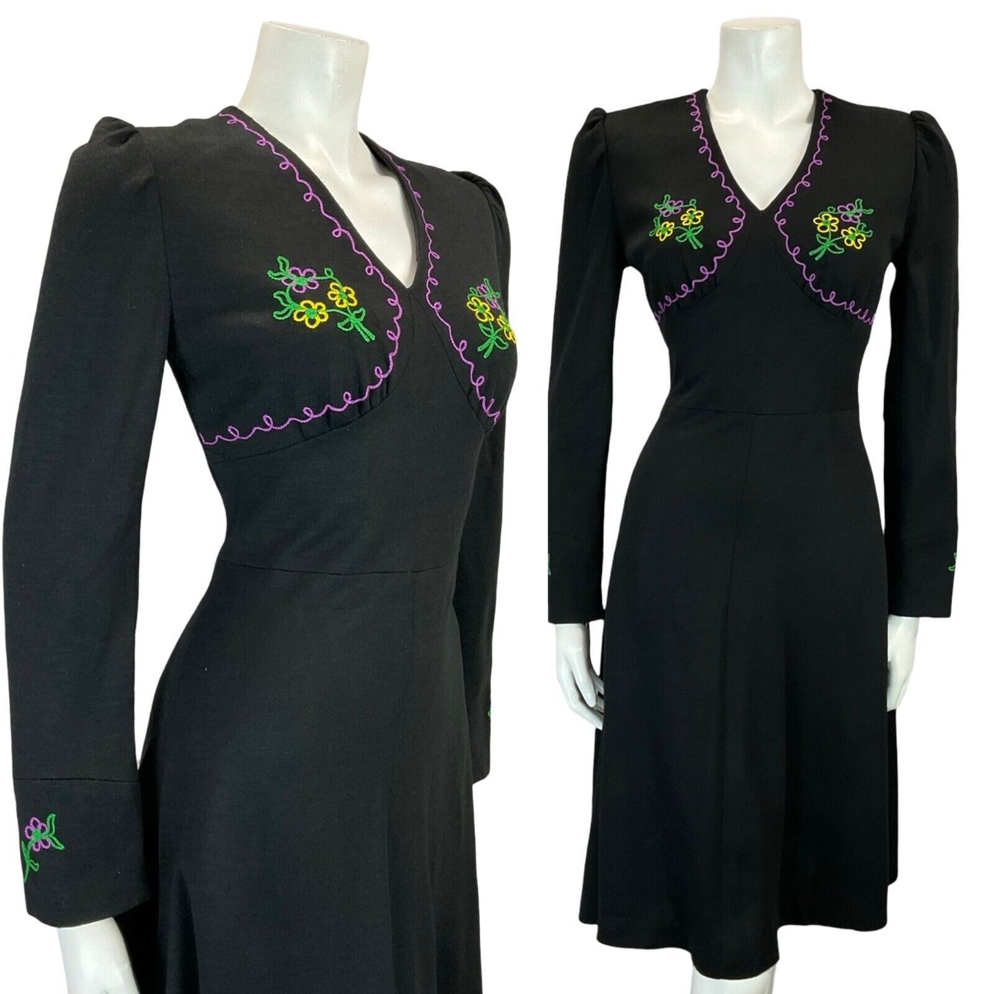 VTG 60S 70S EMBROIDERED BLACK PURPLE GREEN YELLOW FLORAL PLUNGING MIDI DRESS 8