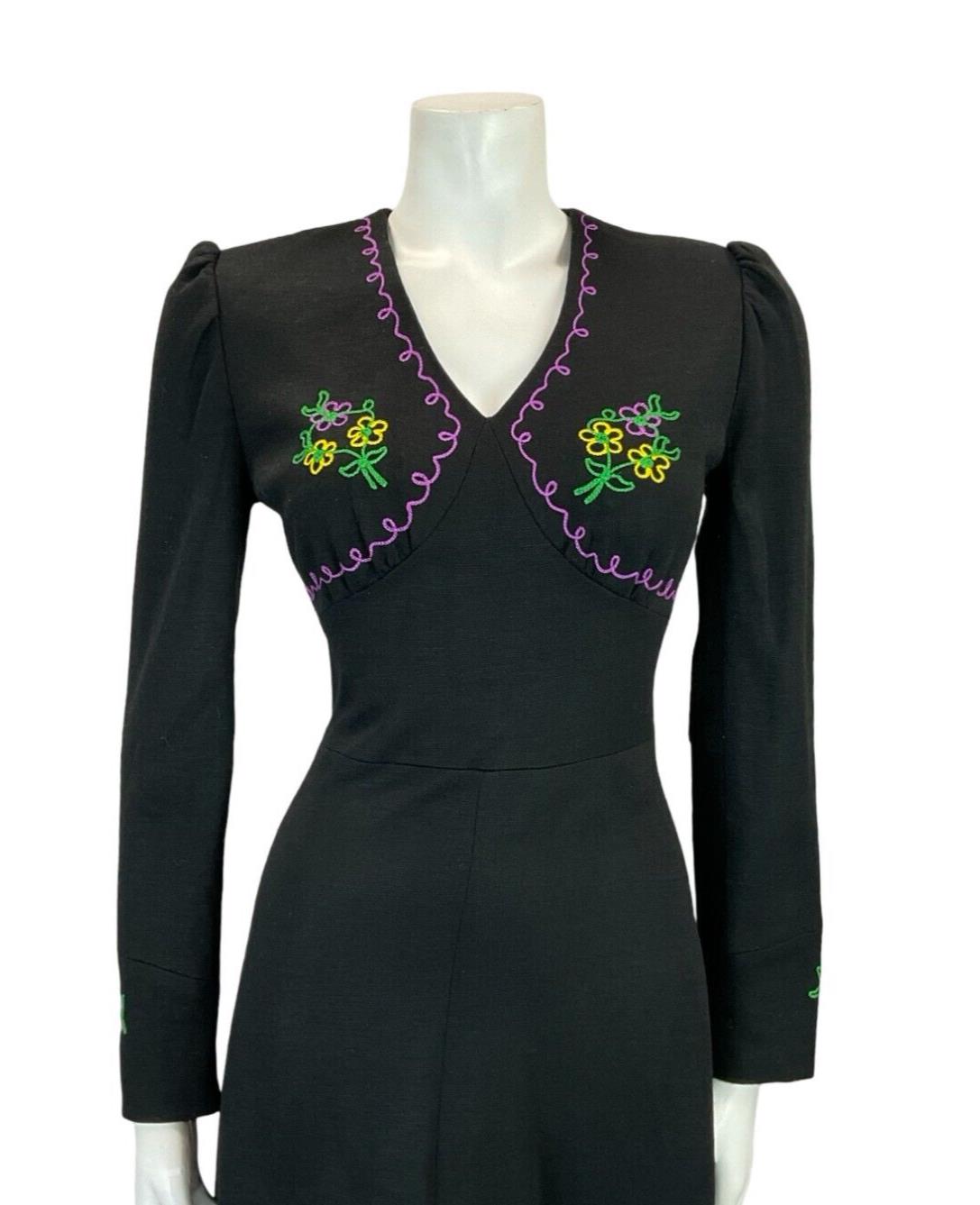 VTG 60S 70S EMBROIDERED BLACK PURPLE GREEN YELLOW FLORAL PLUNGING MIDI DRESS 8