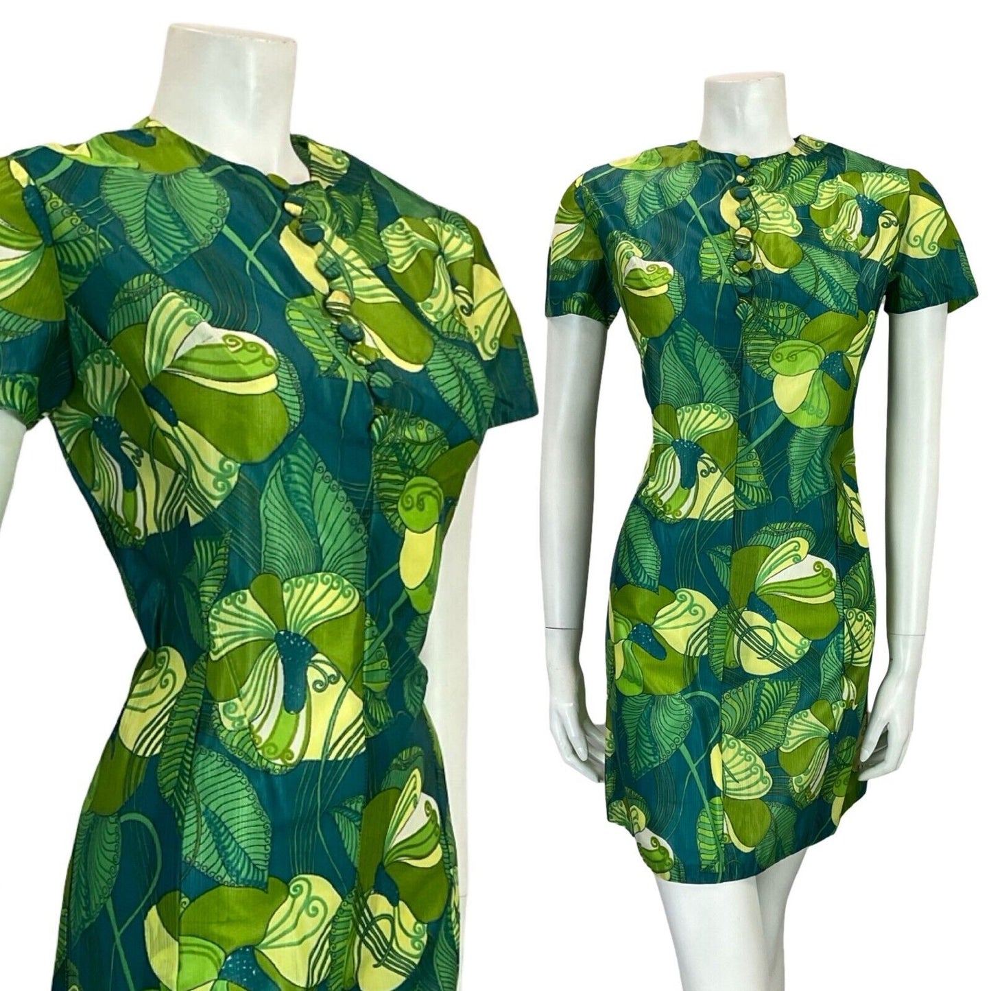 VTG 60S GREEN TURQUOISE ART NOUVEAU PSYCHEDELIC FLORAL LEAFY SHIFT DRESS 10