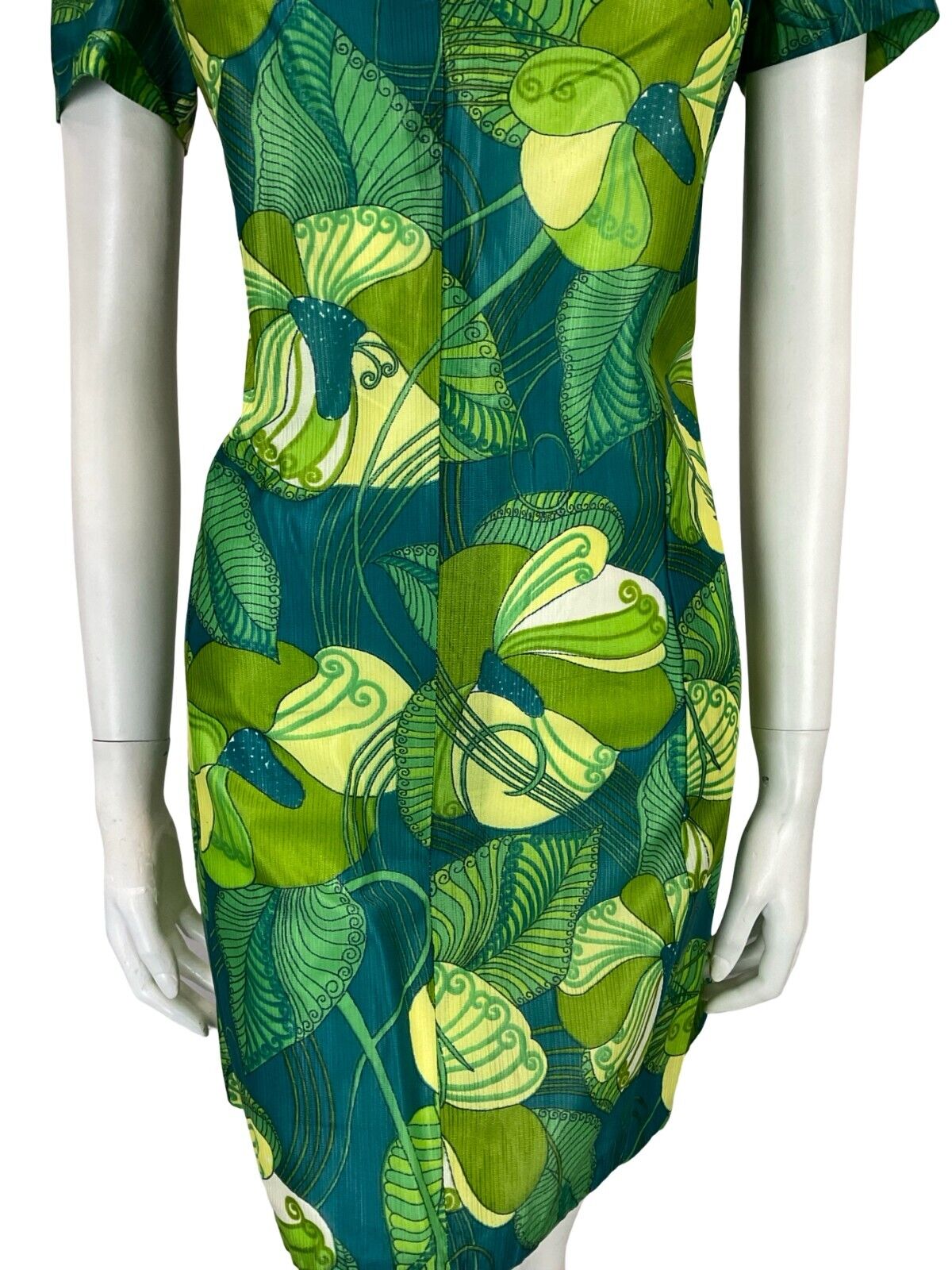 VTG 60S GREEN TURQUOISE ART NOUVEAU PSYCHEDELIC FLORAL LEAFY SHIFT DRESS 10