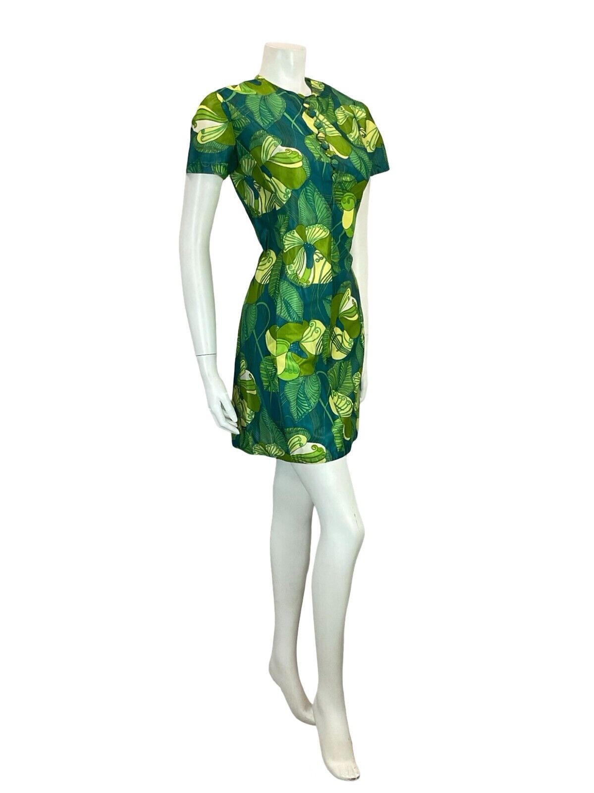 VTG 60S GREEN TURQUOISE ART NOUVEAU PSYCHEDELIC FLORAL LEAFY SHIFT DRESS 10