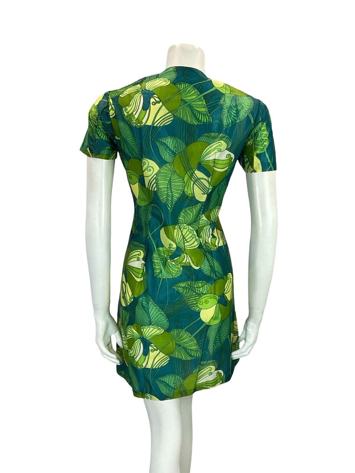 VTG 60S GREEN TURQUOISE ART NOUVEAU PSYCHEDELIC FLORAL LEAFY SHIFT DRESS 10