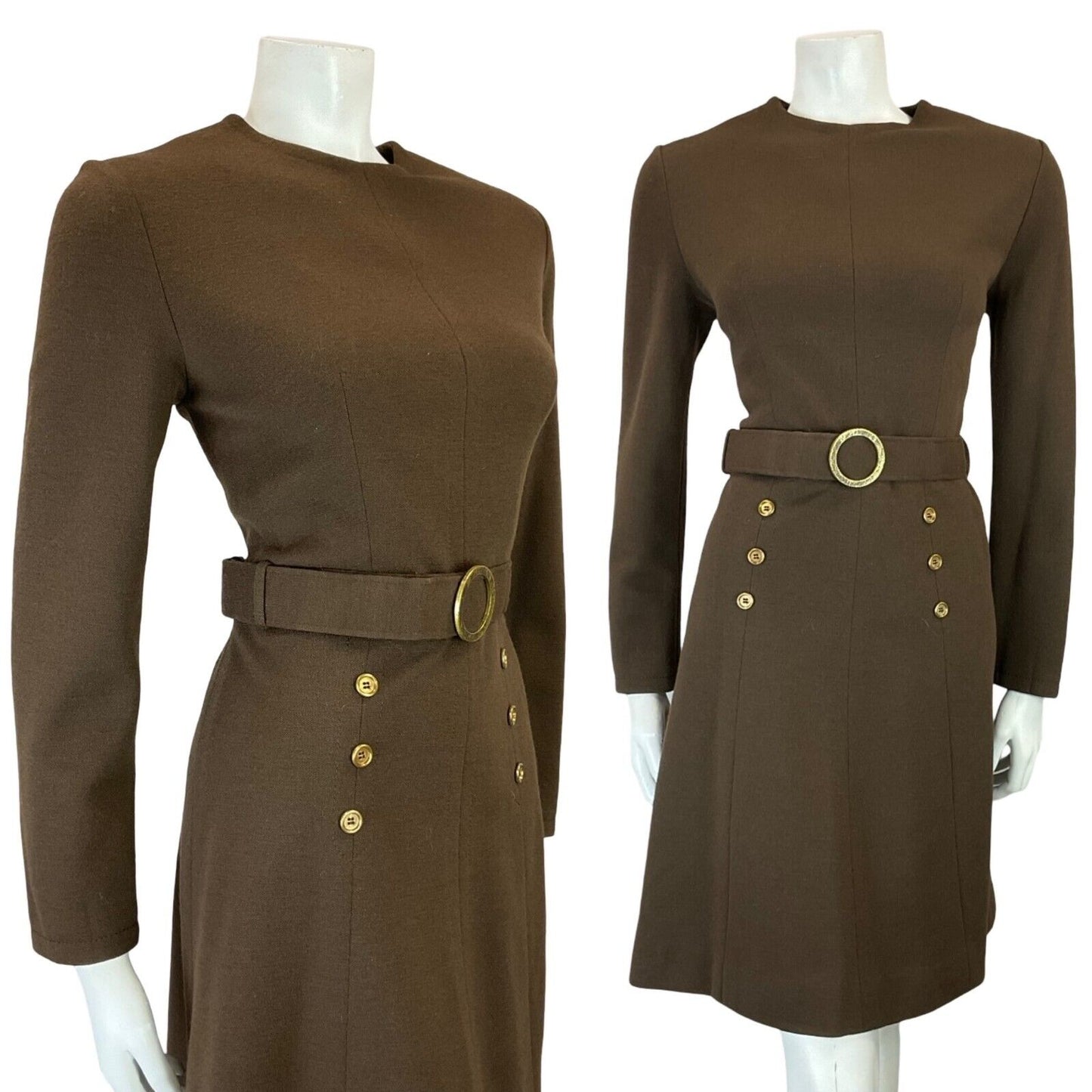 VTG 60S BROWN GOLD MOD GOGO WOOL BELTED LONG SLEEVE MINI DRESS 10