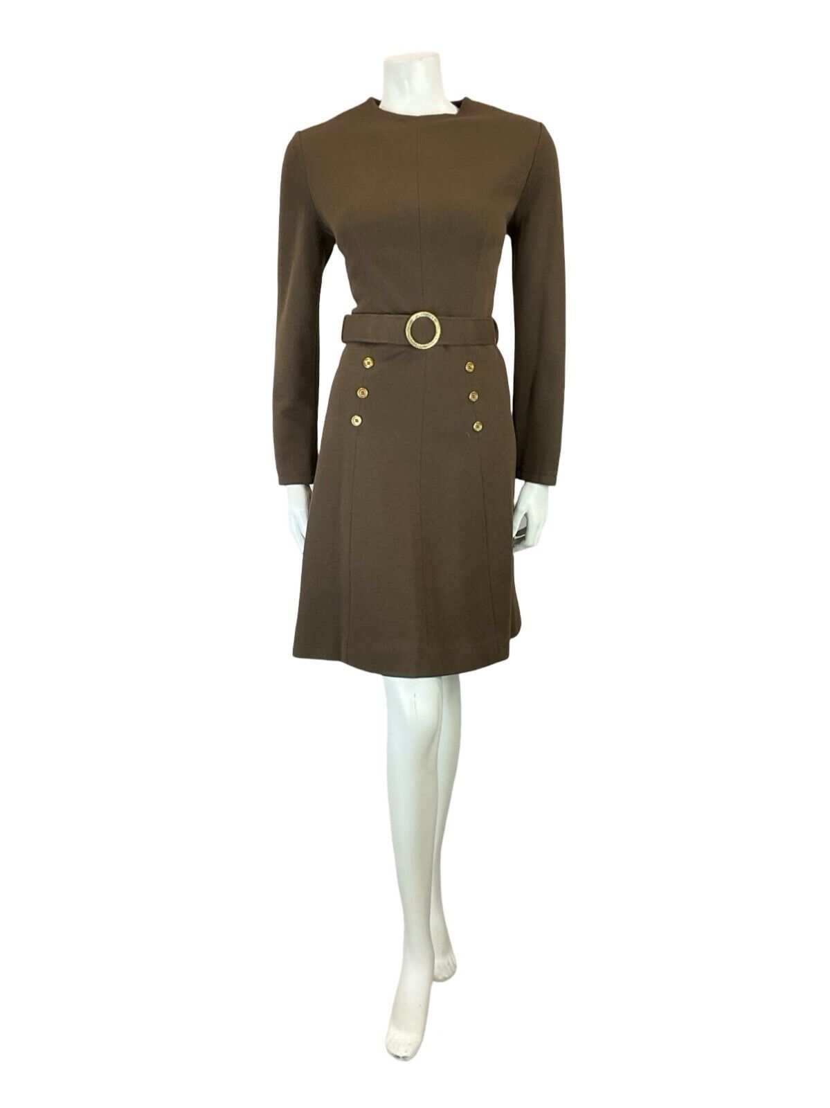 VTG 60S BROWN GOLD MOD GOGO WOOL BELTED LONG SLEEVE MINI DRESS 10