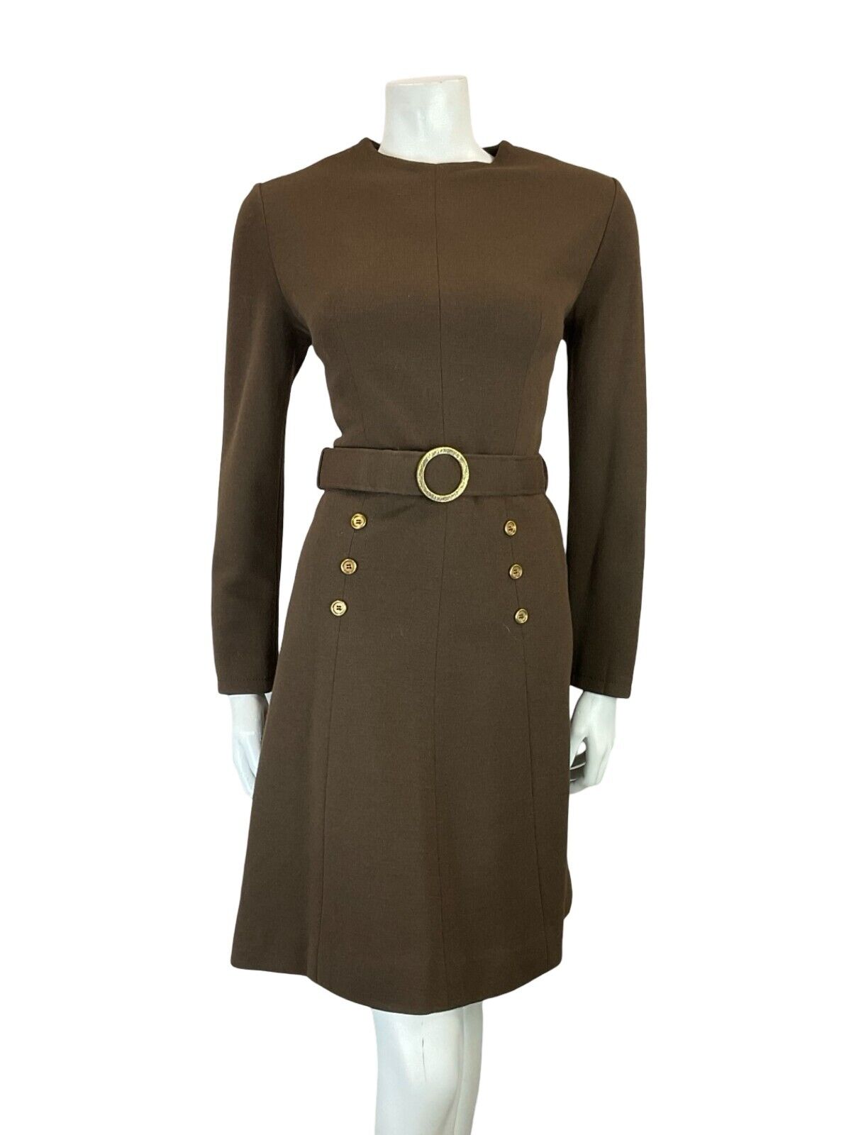 VTG 60S BROWN GOLD MOD GOGO WOOL BELTED LONG SLEEVE MINI DRESS 10