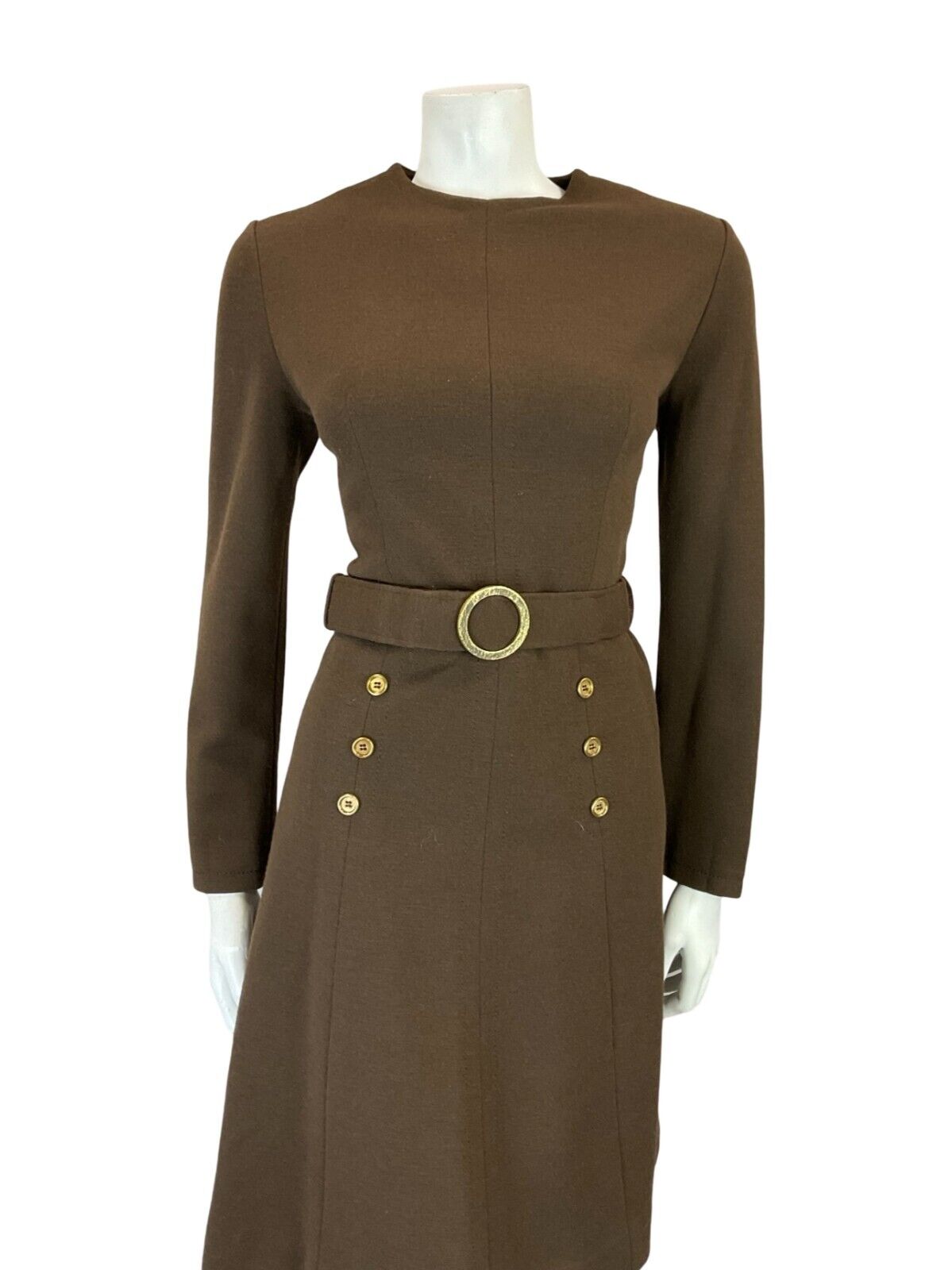 VTG 60S BROWN GOLD MOD GOGO WOOL BELTED LONG SLEEVE MINI DRESS 10