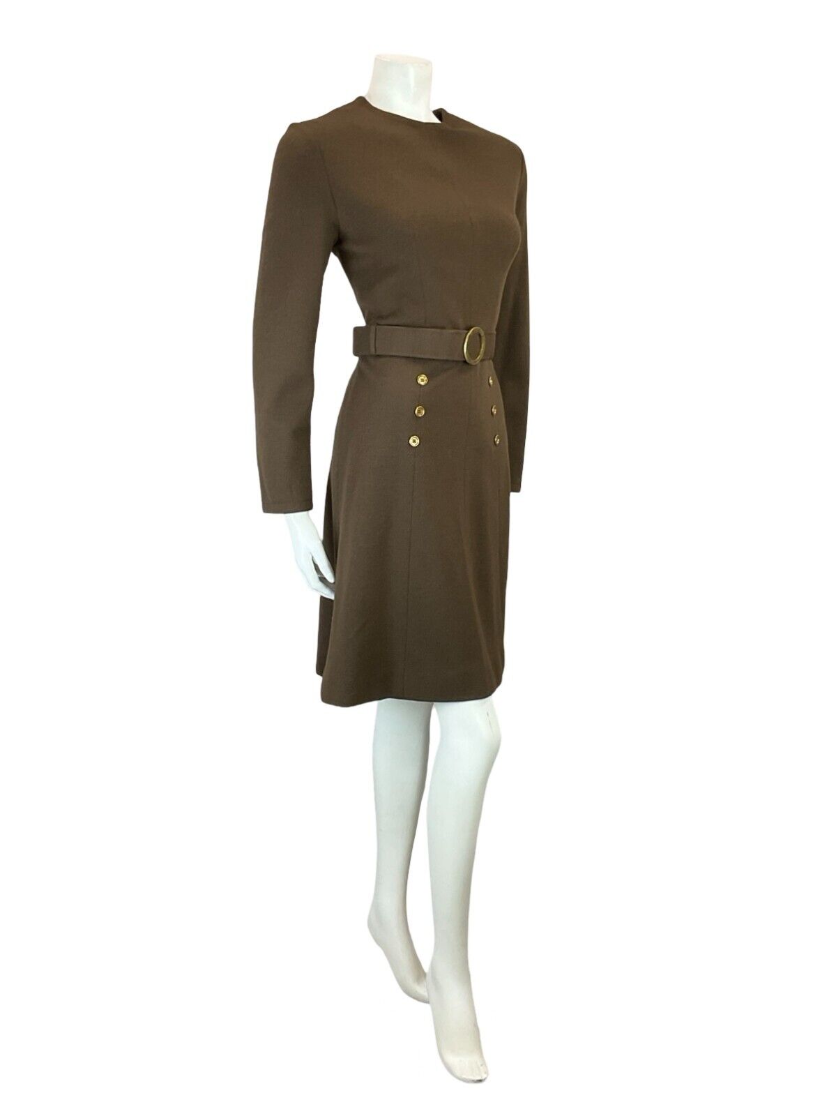 VTG 60S BROWN GOLD MOD GOGO WOOL BELTED LONG SLEEVE MINI DRESS 10