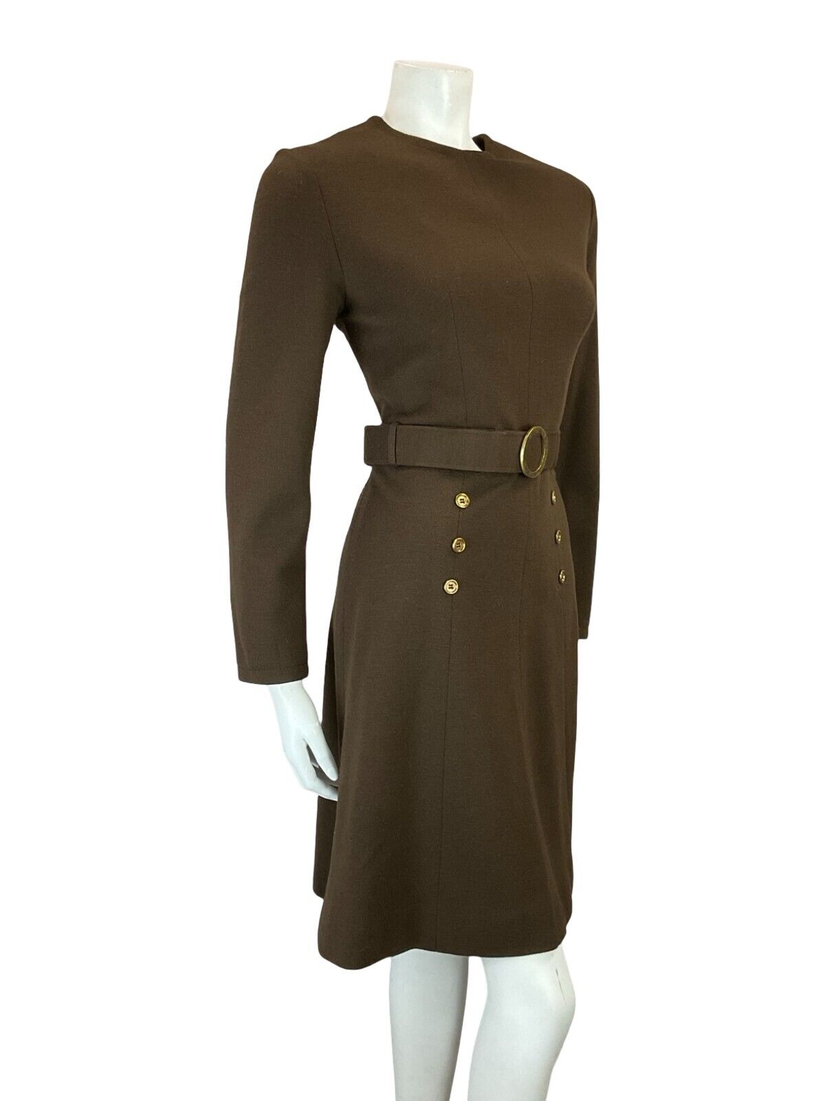 VTG 60S BROWN GOLD MOD GOGO WOOL BELTED LONG SLEEVE MINI DRESS 10