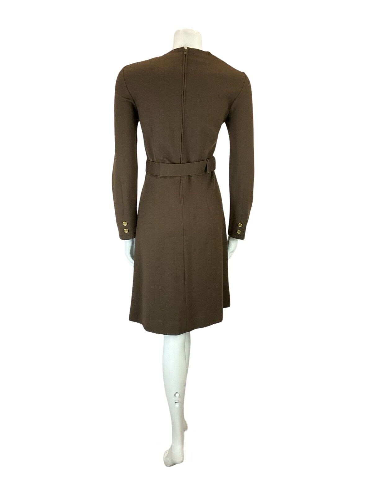VTG 60S BROWN GOLD MOD GOGO WOOL BELTED LONG SLEEVE MINI DRESS 10