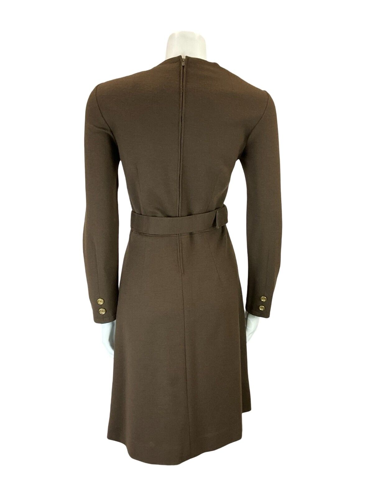 VTG 60S BROWN GOLD MOD GOGO WOOL BELTED LONG SLEEVE MINI DRESS 10