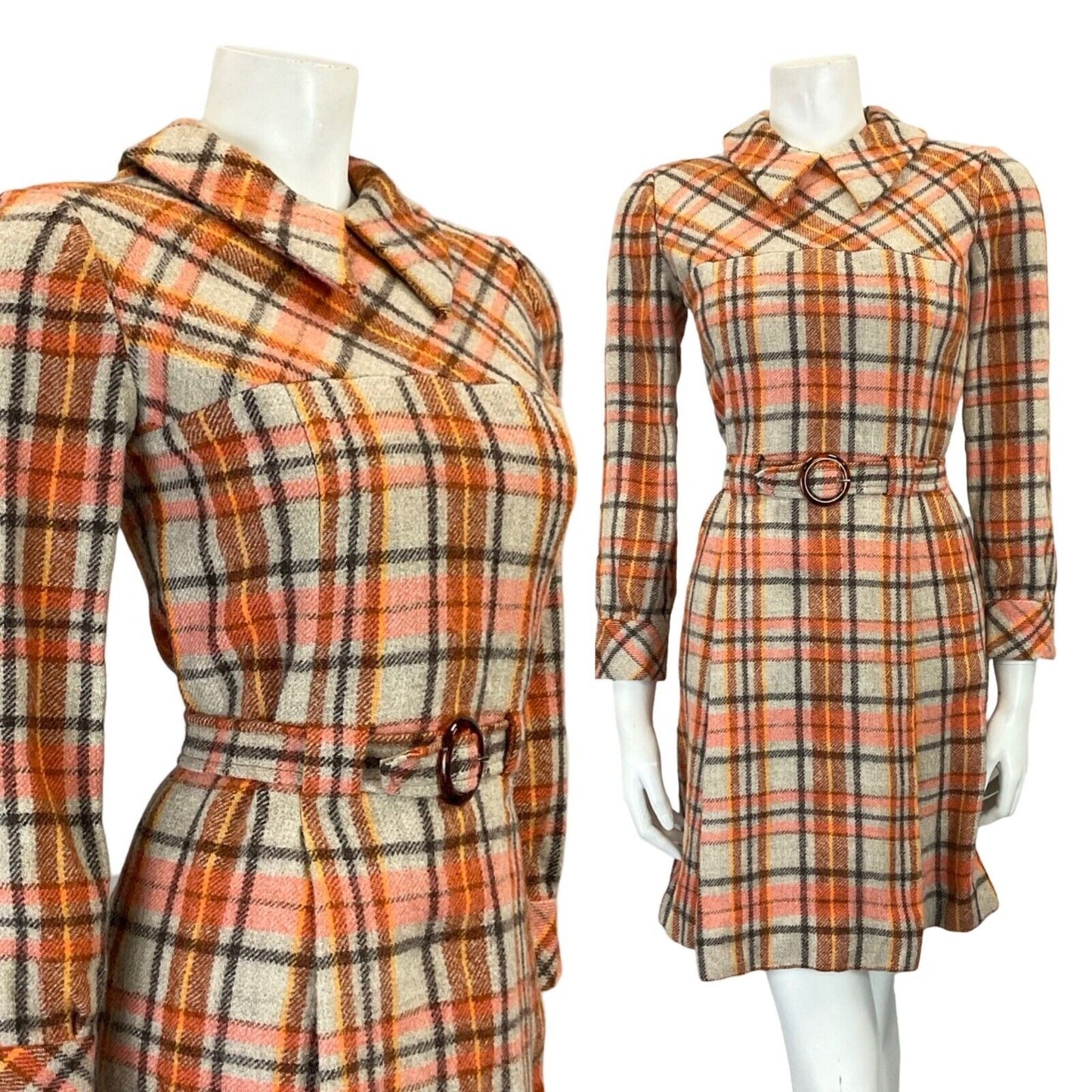 VTG 60S ORANGE GREY BROWN TARTAN PLAID MOD DAGGER COLLAR PLEATED WOOL DRESS 4