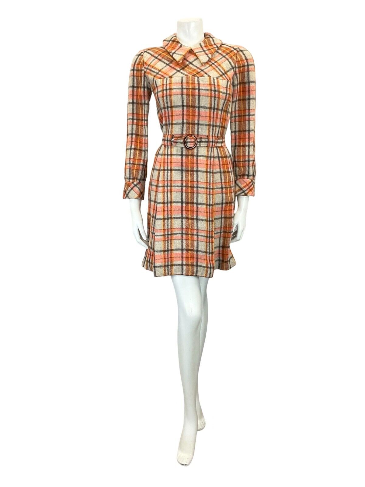VTG 60S ORANGE GREY BROWN TARTAN PLAID MOD DAGGER COLLAR PLEATED WOOL DRESS 4