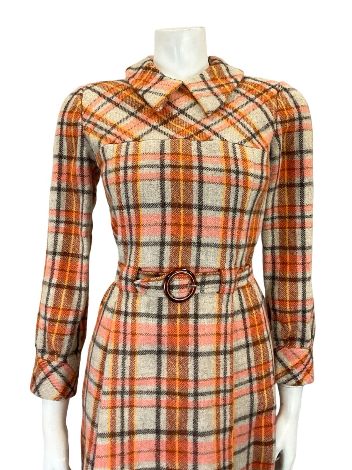 VTG 60S ORANGE GREY BROWN TARTAN PLAID MOD DAGGER COLLAR PLEATED WOOL DRESS 4