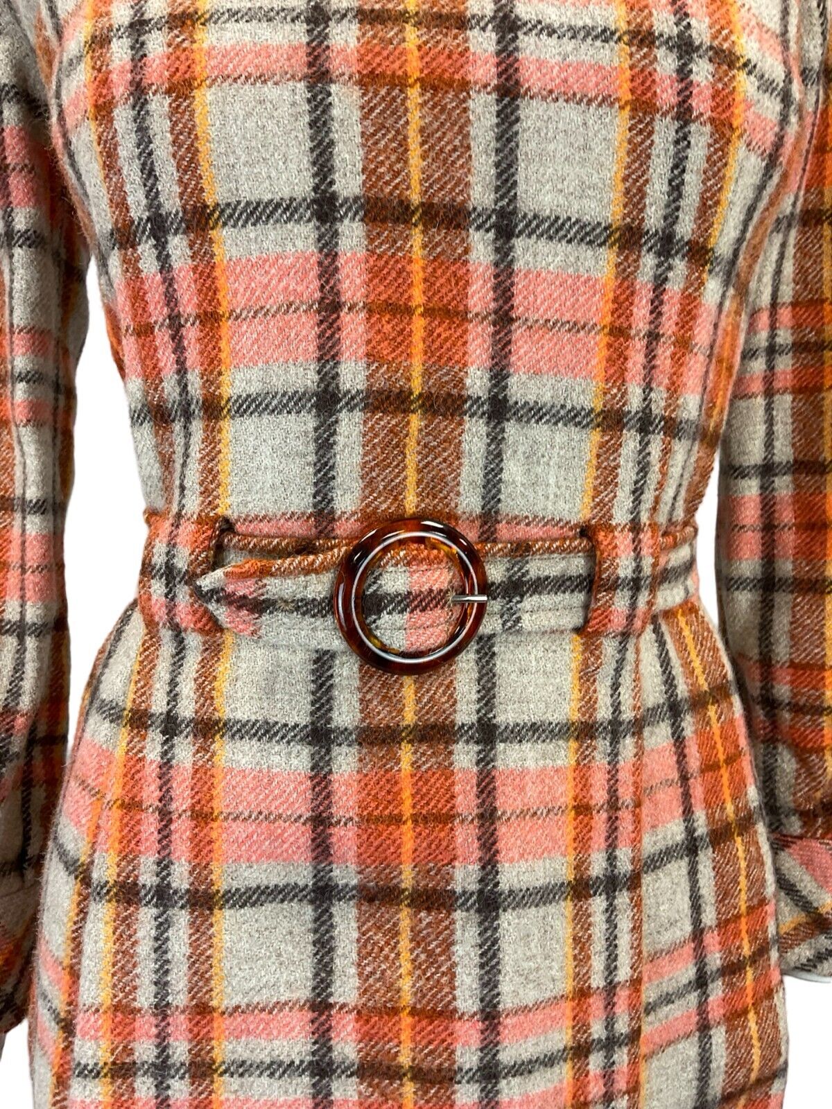VTG 60S ORANGE GREY BROWN TARTAN PLAID MOD DAGGER COLLAR PLEATED WOOL DRESS 4
