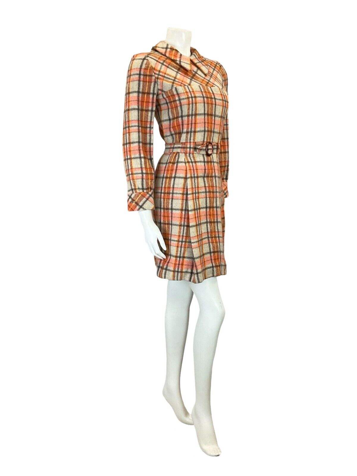 VTG 60S ORANGE GREY BROWN TARTAN PLAID MOD DAGGER COLLAR PLEATED WOOL DRESS 4