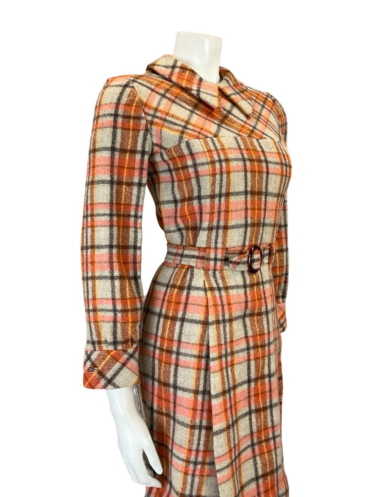 VTG 60S ORANGE GREY BROWN TARTAN PLAID MOD DAGGER COLLAR PLEATED WOOL DRESS 4