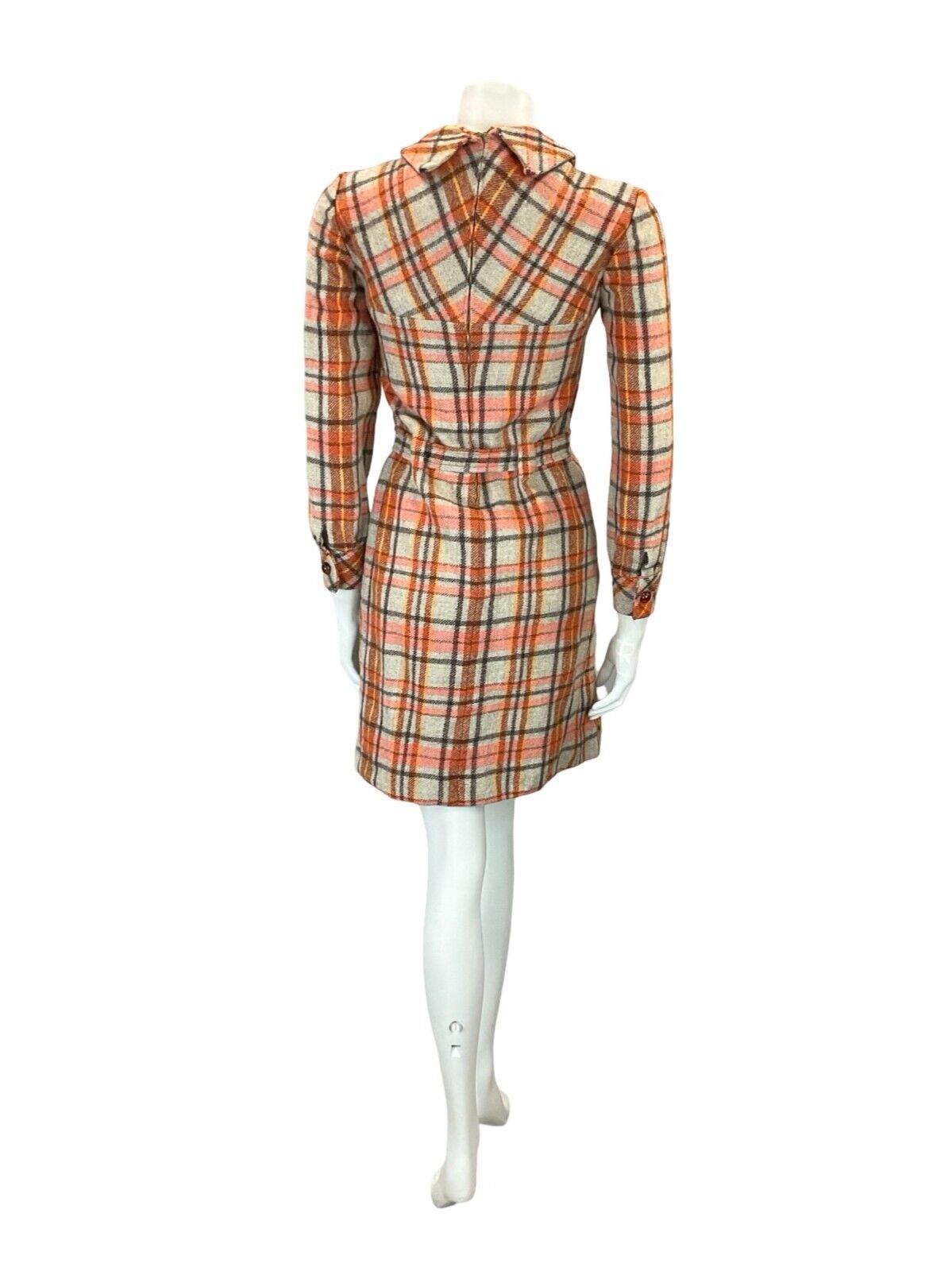 VTG 60S ORANGE GREY BROWN TARTAN PLAID MOD DAGGER COLLAR PLEATED WOOL DRESS 4