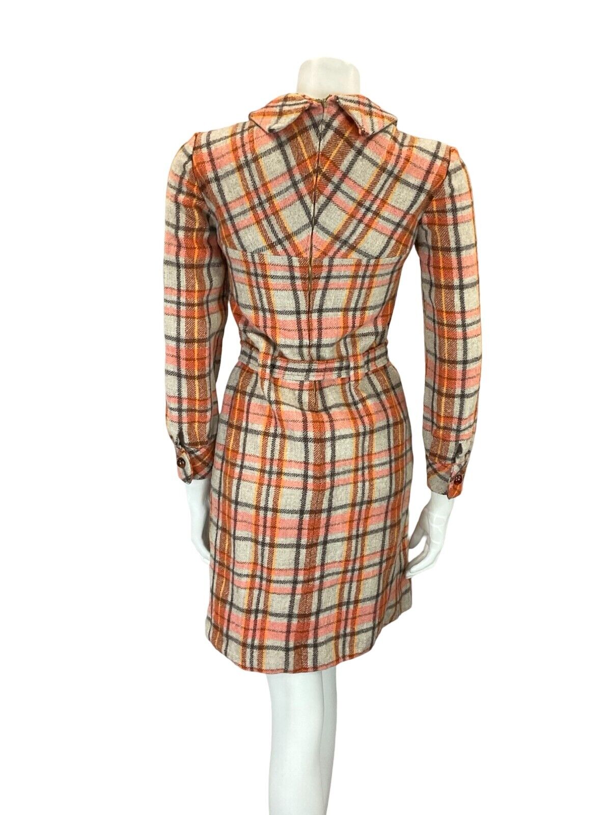 VTG 60S ORANGE GREY BROWN TARTAN PLAID MOD DAGGER COLLAR PLEATED WOOL DRESS 4