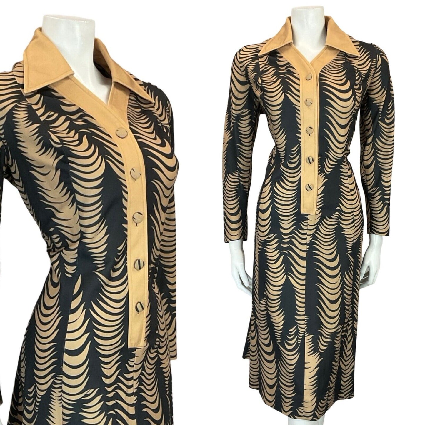 VTG 70S BEIGE BLACK PSYCHEDELIC ABSTRACT WAVY STRIPE WING COLLAR SHIRT DRESS 16