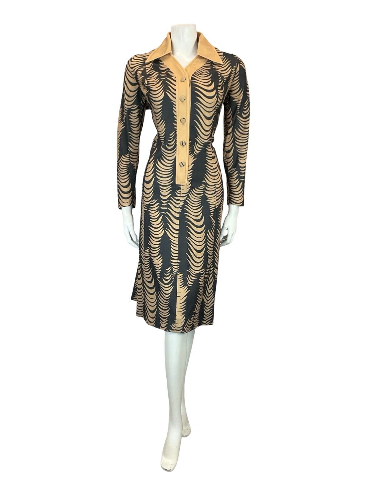 VTG 70S BEIGE BLACK PSYCHEDELIC ABSTRACT WAVY STRIPE WING COLLAR SHIRT DRESS 16