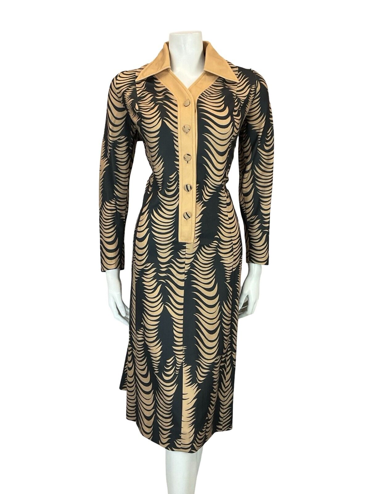 VTG 70S BEIGE BLACK PSYCHEDELIC ABSTRACT WAVY STRIPE WING COLLAR SHIRT DRESS 16