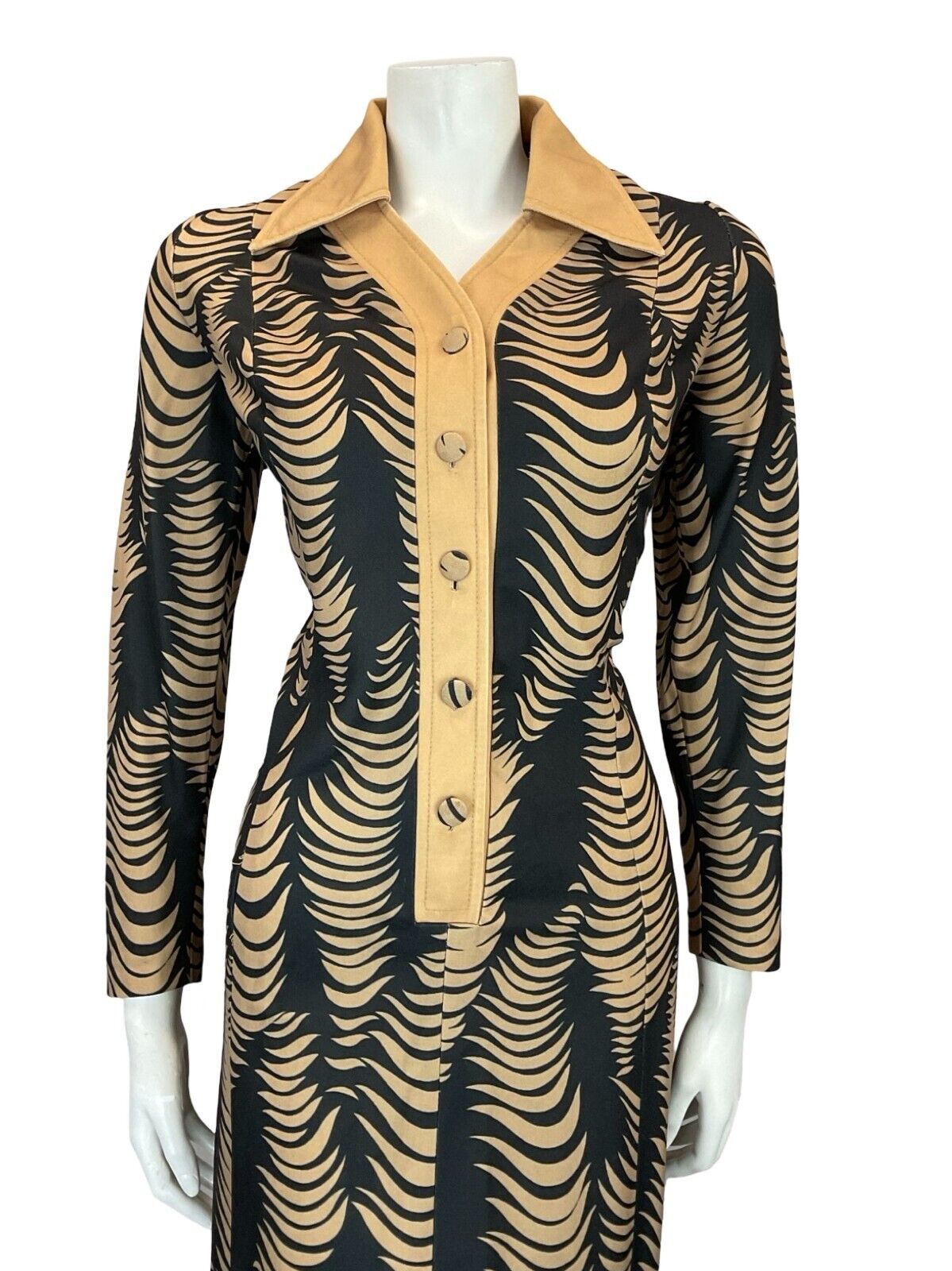 VTG 70S BEIGE BLACK PSYCHEDELIC ABSTRACT WAVY STRIPE WING COLLAR SHIRT DRESS 16